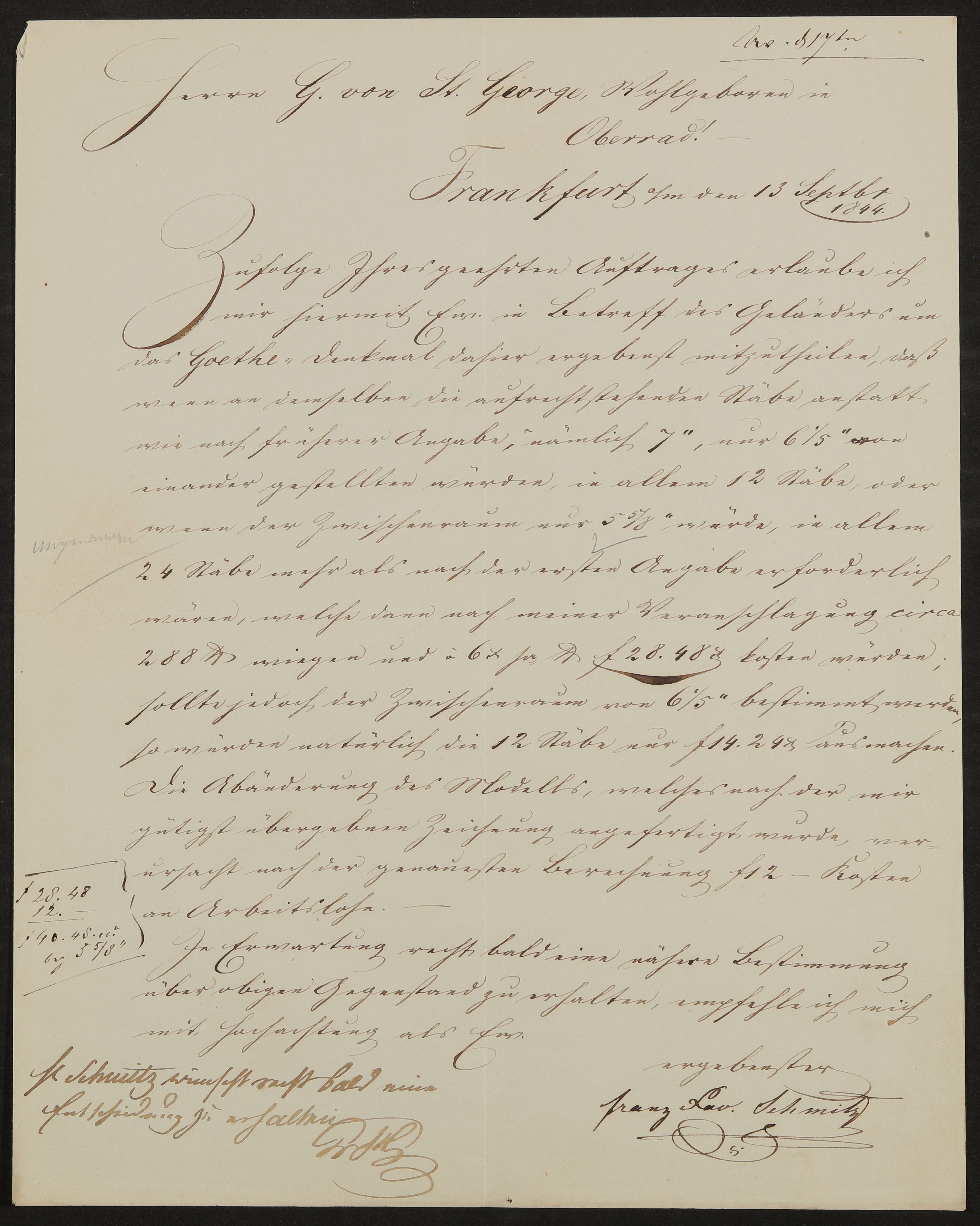 Brief von Franz Xaver Schmitz an Georg von St. George vom 13.09.1844 (Freies Deutsches Hochstift / Frankfurter Goethe-Museum Public Domain Mark)