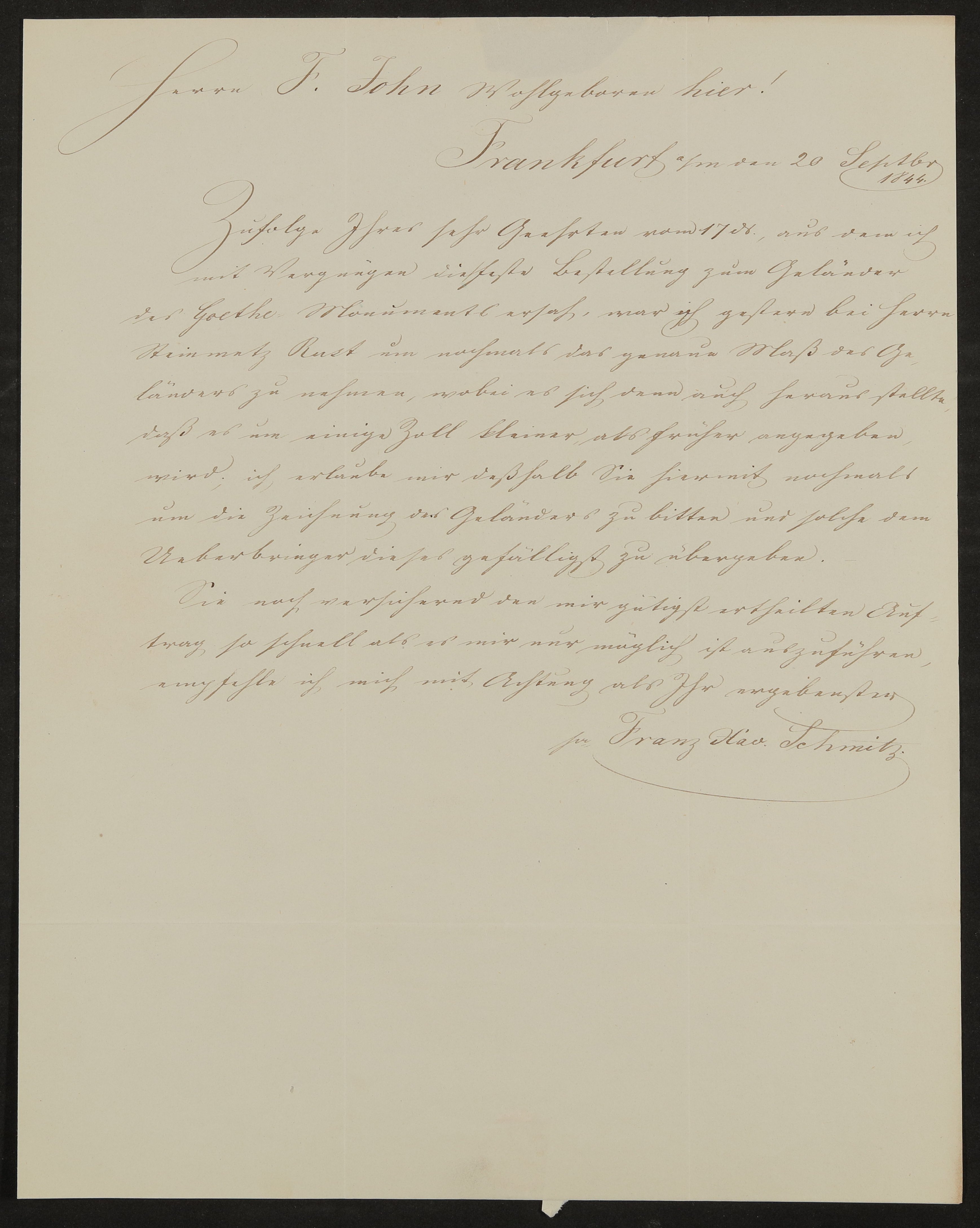 Brief von Franz Xaver Schmitz an Friedrich John vom 20.09.1844 (Freies Deutsches Hochstift / Frankfurter Goethe-Museum Public Domain Mark)