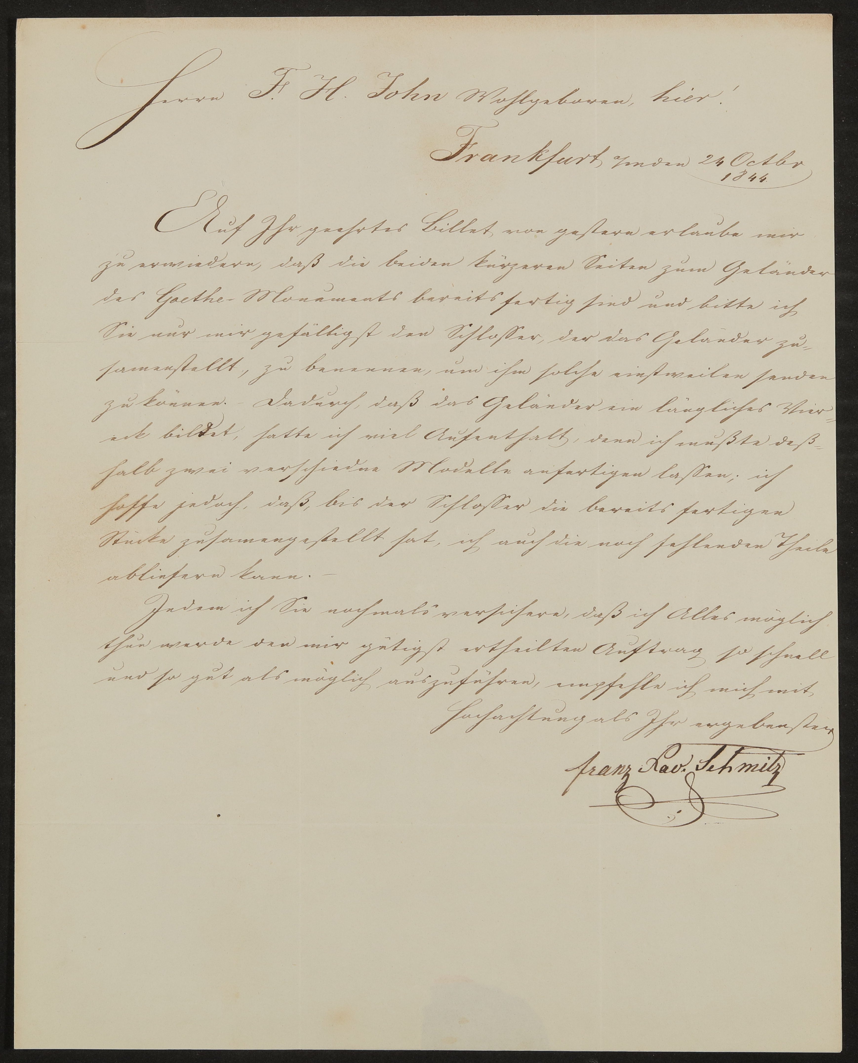 Brief von Franz Xaver Schmitz an Friedrich John vom 24.10.1844 (Freies Deutsches Hochstift / Frankfurter Goethe-Museum Public Domain Mark)