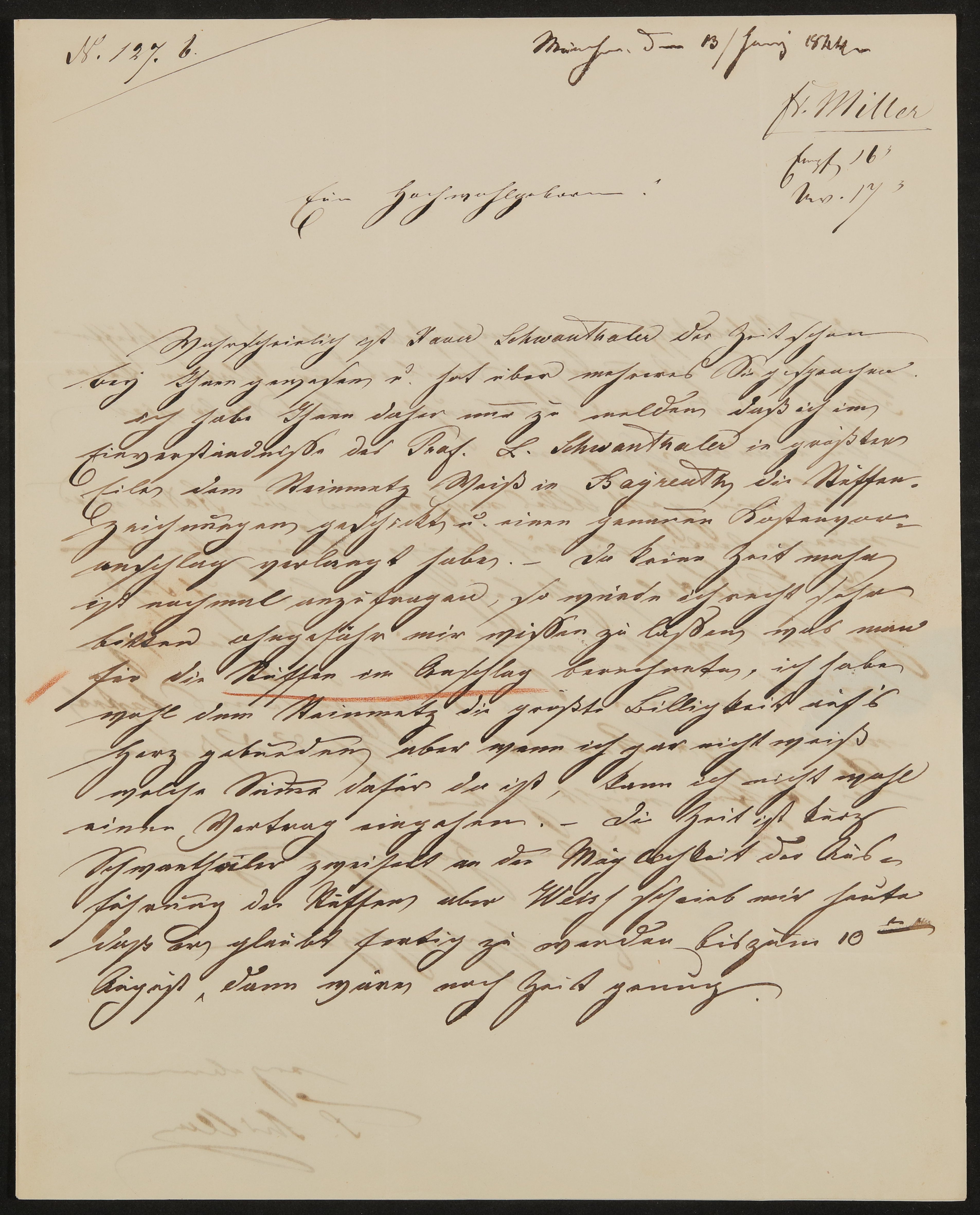 Brief von Ferdinand von Miller an Friedrich John vom 13.06.1844 (Freies Deutsches Hochstift / Frankfurter Goethe-Museum Public Domain Mark)