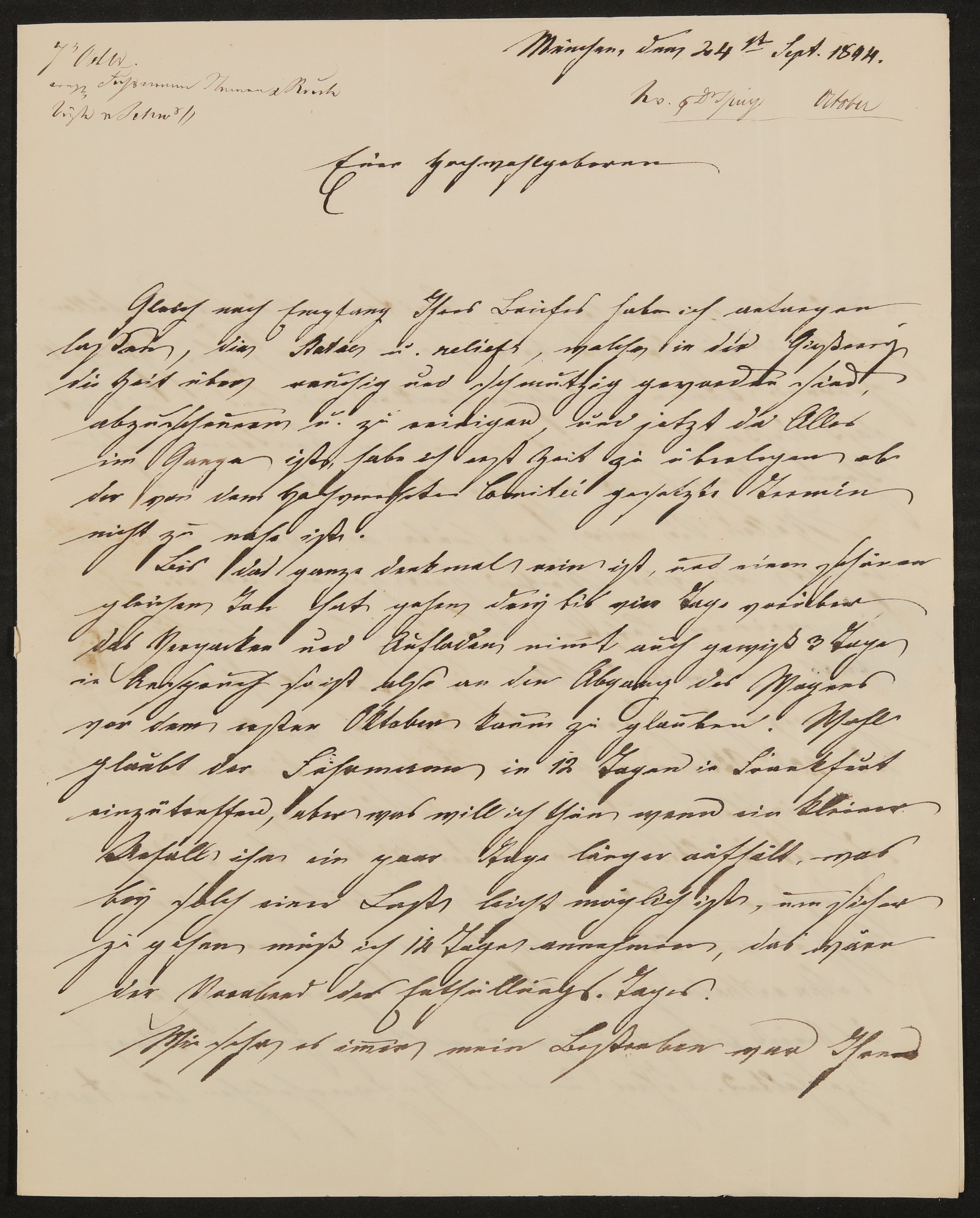 Brief von Ferdinand von Miller an Friedrich John vom 24.09.1844 (Freies Deutsches Hochstift / Frankfurter Goethe-Museum Public Domain Mark)
