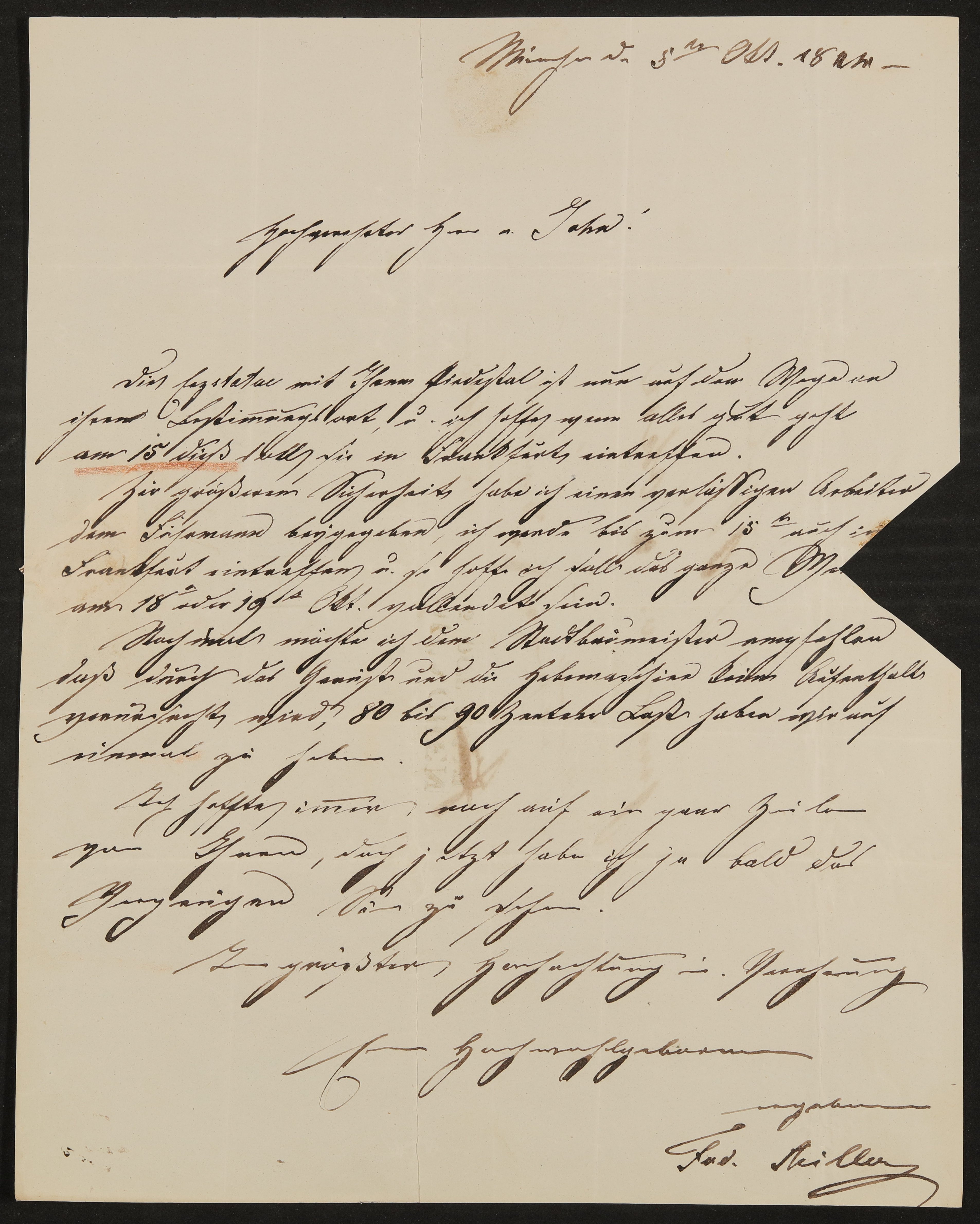 Brief von Ferdinand von Miller an Friedrich John vom 05.10.1844 (Freies Deutsches Hochstift / Frankfurter Goethe-Museum Public Domain Mark)