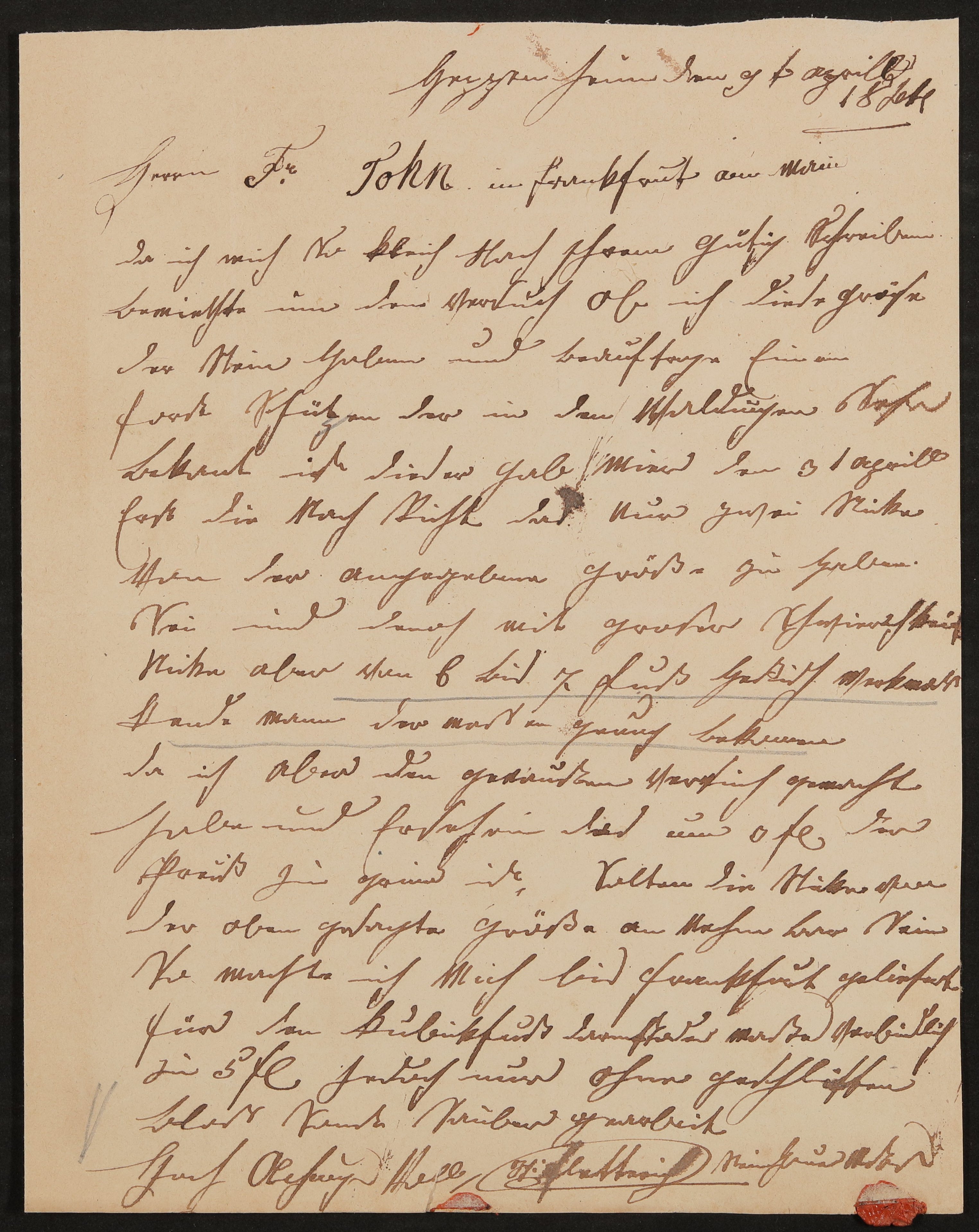 Brief von Ignatz Fletterich an Friedrich John vom 09.04.1844 (Freies Deutsches Hochstift / Frankfurter Goethe-Museum Public Domain Mark)
