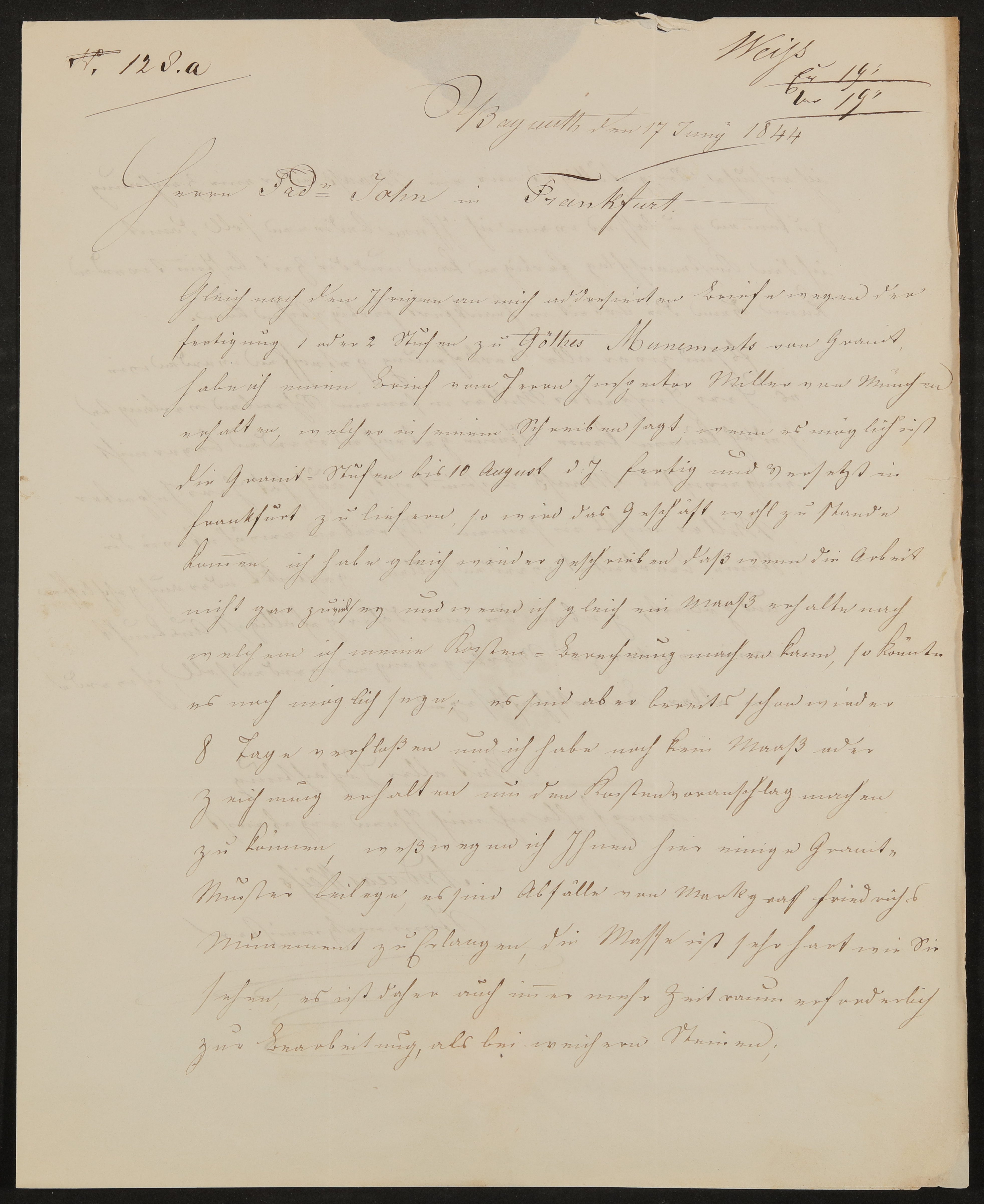 Brief von Andreas Weiß an Friedrich John vom 17.06.1844 (Freies Deutsches Hochstift / Frankfurter Goethe-Museum Public Domain Mark)