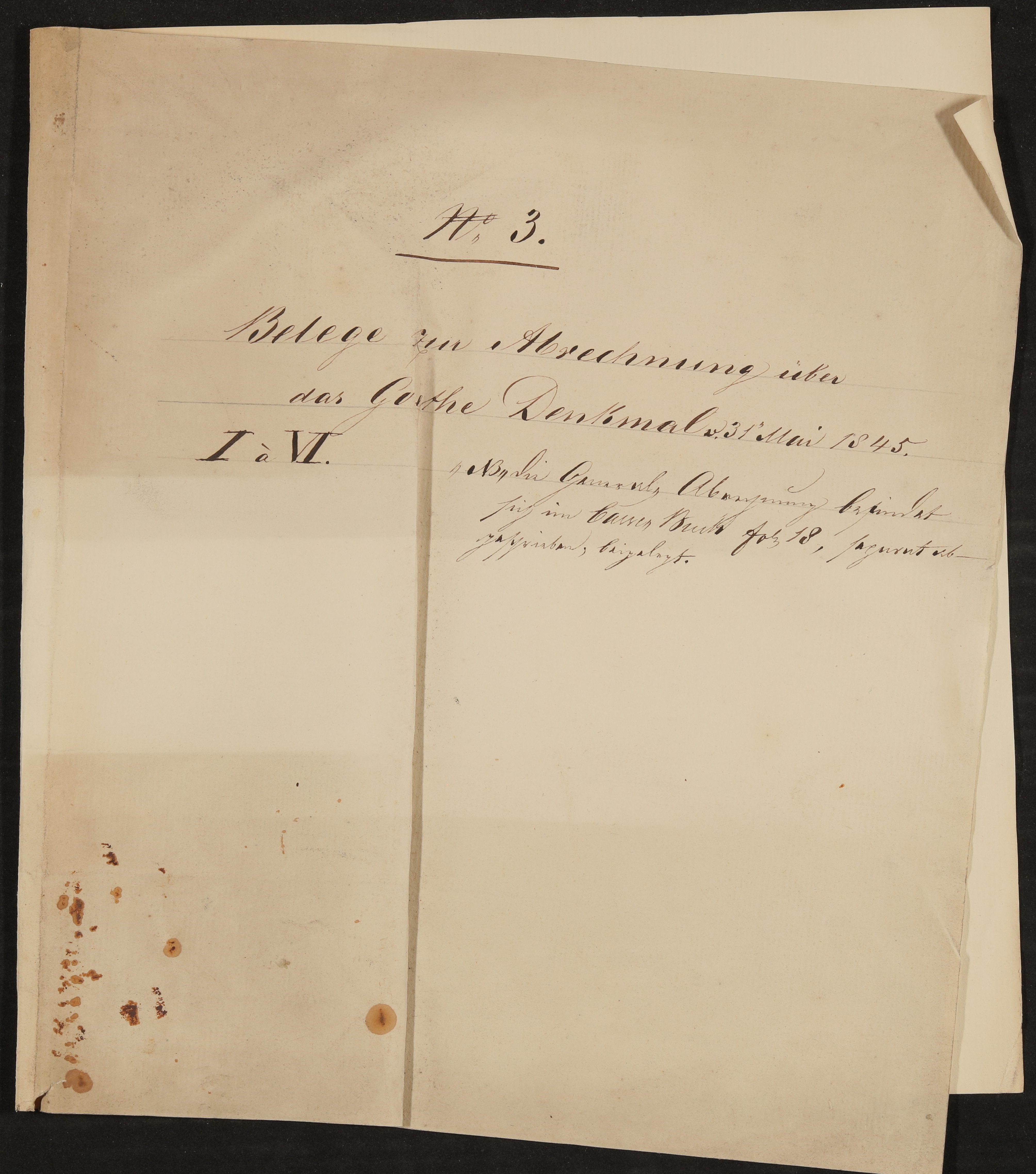 Umschlag des Konvoluts: Belege zur Abrechnung über das Goethe Denkmal vom 31. Mai 1845 - Konvolut I-VI mit weiteren Beilagen (Freies Deutsches Hochstift / Frankfurter Goethe-Museum Public Domain Mark)