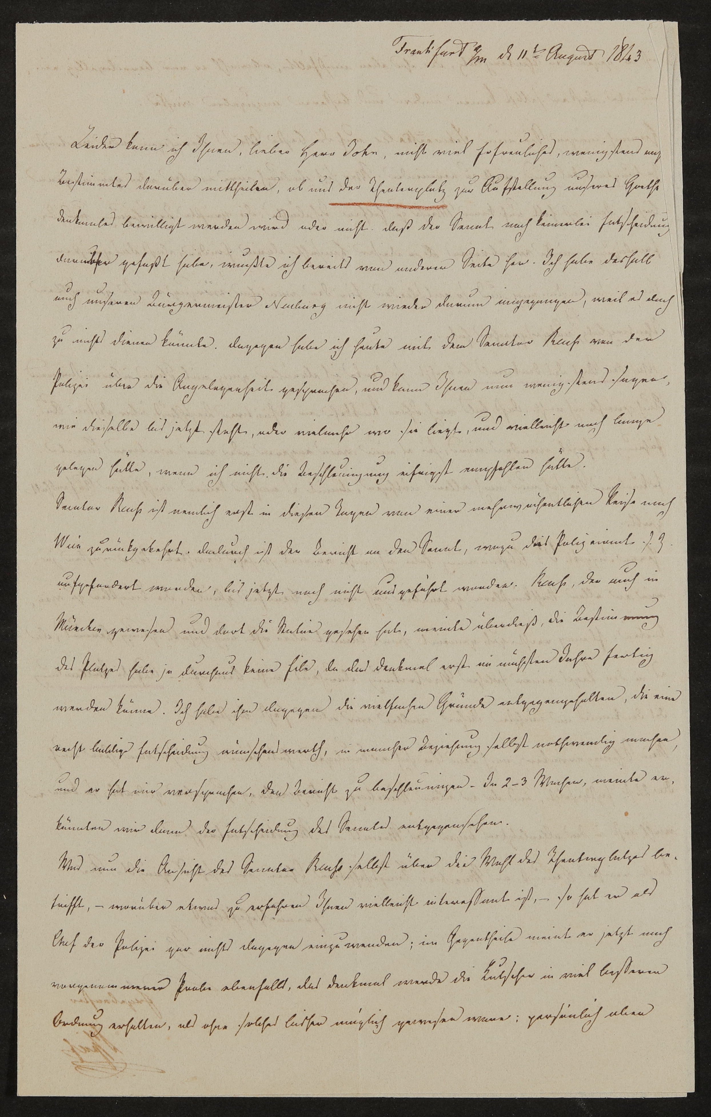 Brief von Gustav Adolph Spieß an Friedrich John vom 11.08.1843 (Freies Deutsches Hochstift / Frankfurter Goethe-Museum Public Domain Mark)