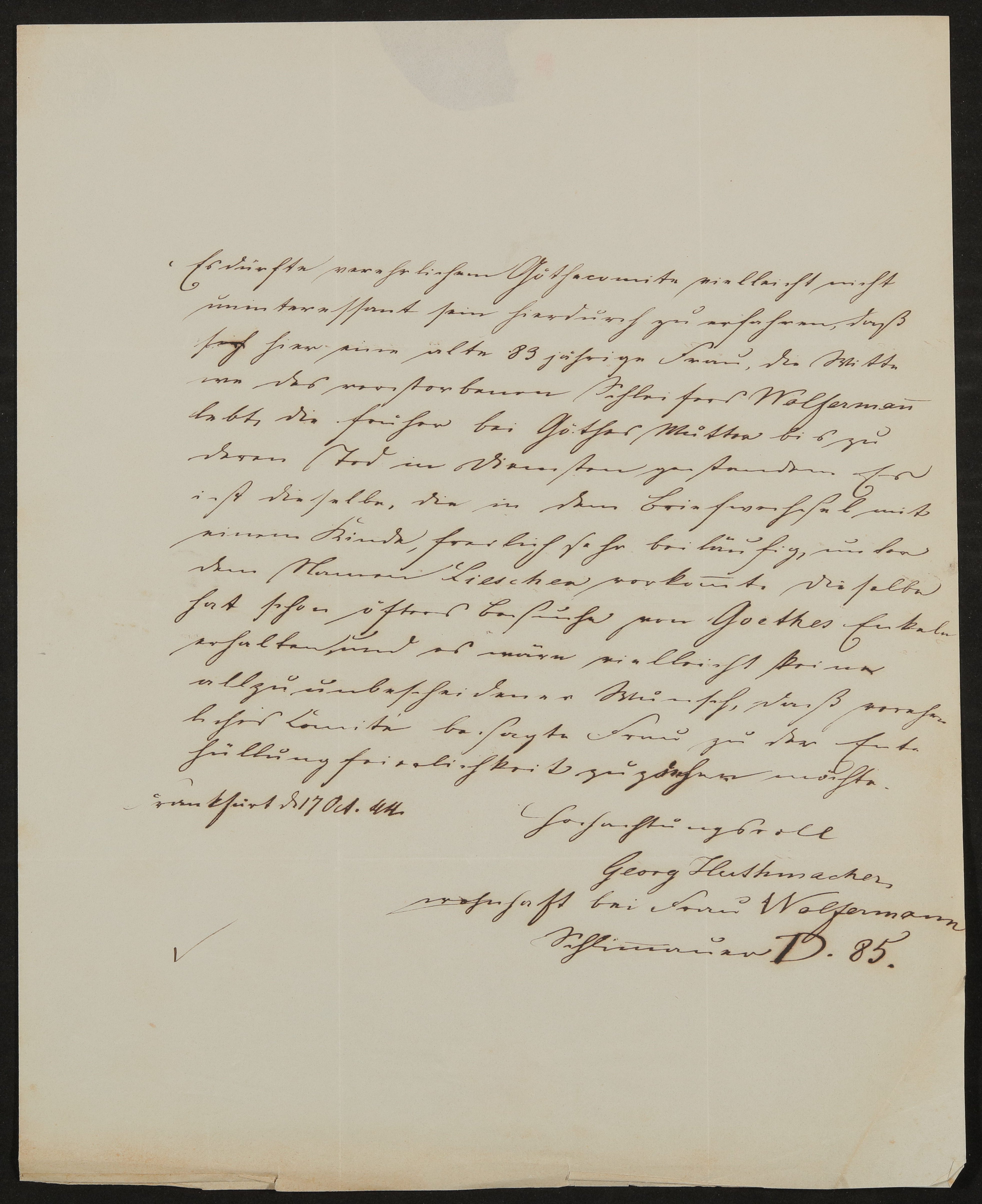 Brief von Georg Huthmacher an das Comité für Errichtung des Goetheschen Denkmals vom 17.10.1844 (Freies Deutsches Hochstift / Frankfurter Goethe-Museum Public Domain Mark)