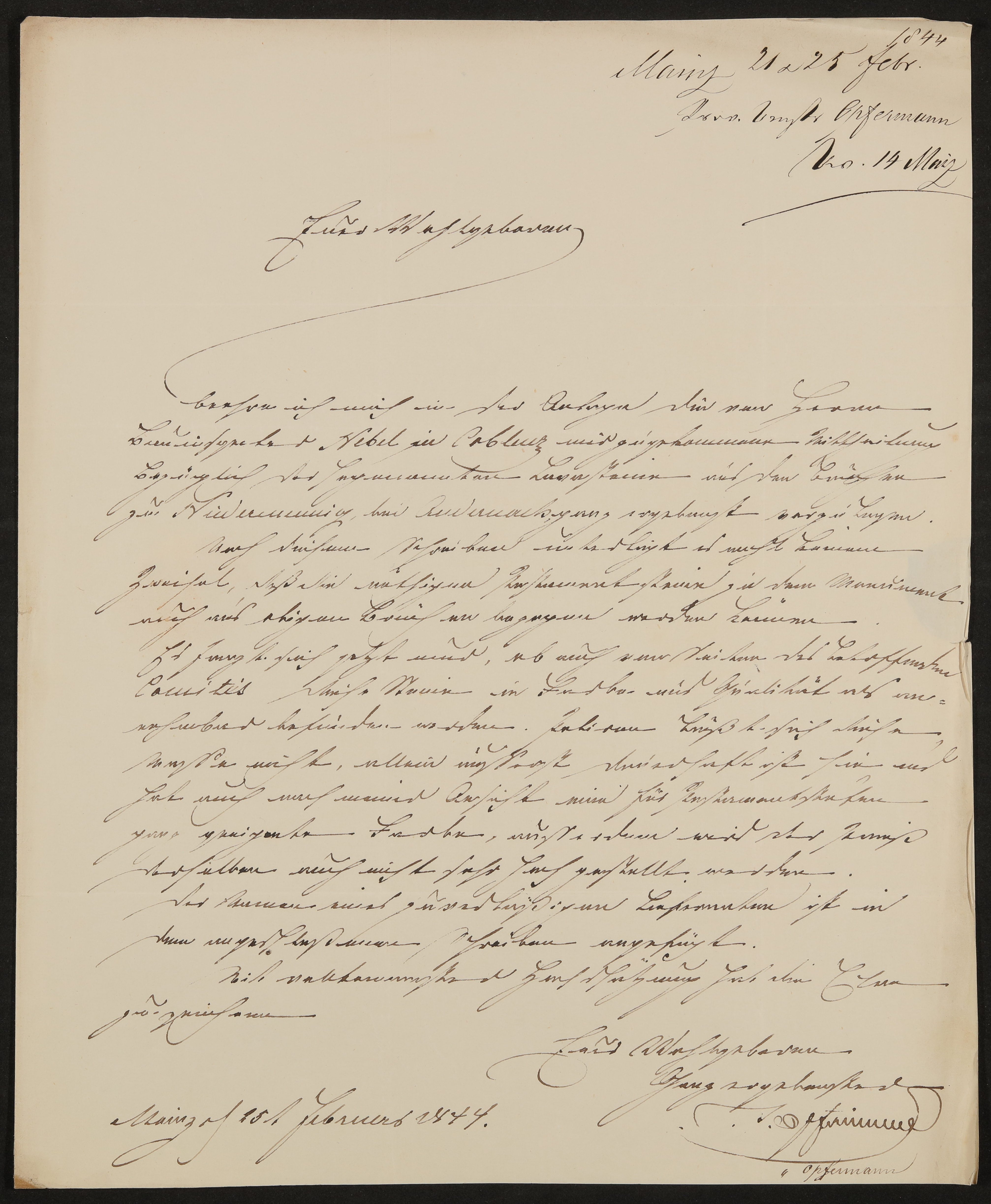 Brief von Ignaz Opfermann an Friedrich John vom 25.02.1844 (Freies Deutsches Hochstift / Frankfurter Goethe-Museum Public Domain Mark)