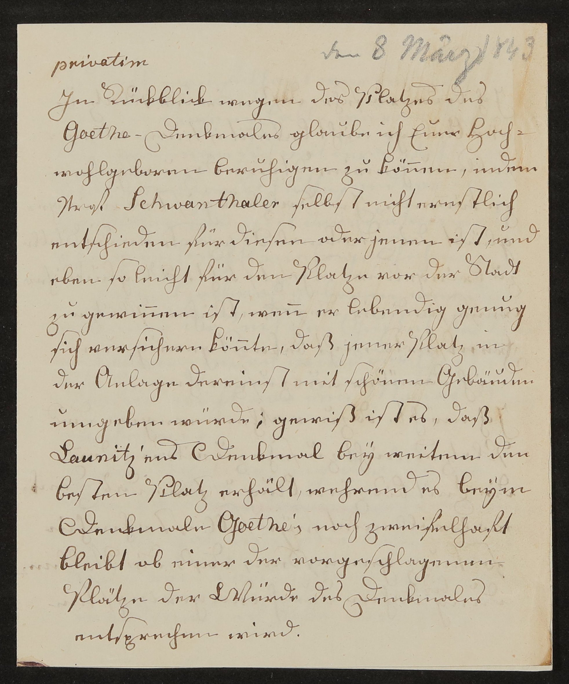 Brief von Johann Baptist Stiglmaier an Friedrich John (?) vom 08.03.1843 (Freies Deutsches Hochstift / Frankfurter Goethe-Museum Public Domain Mark)