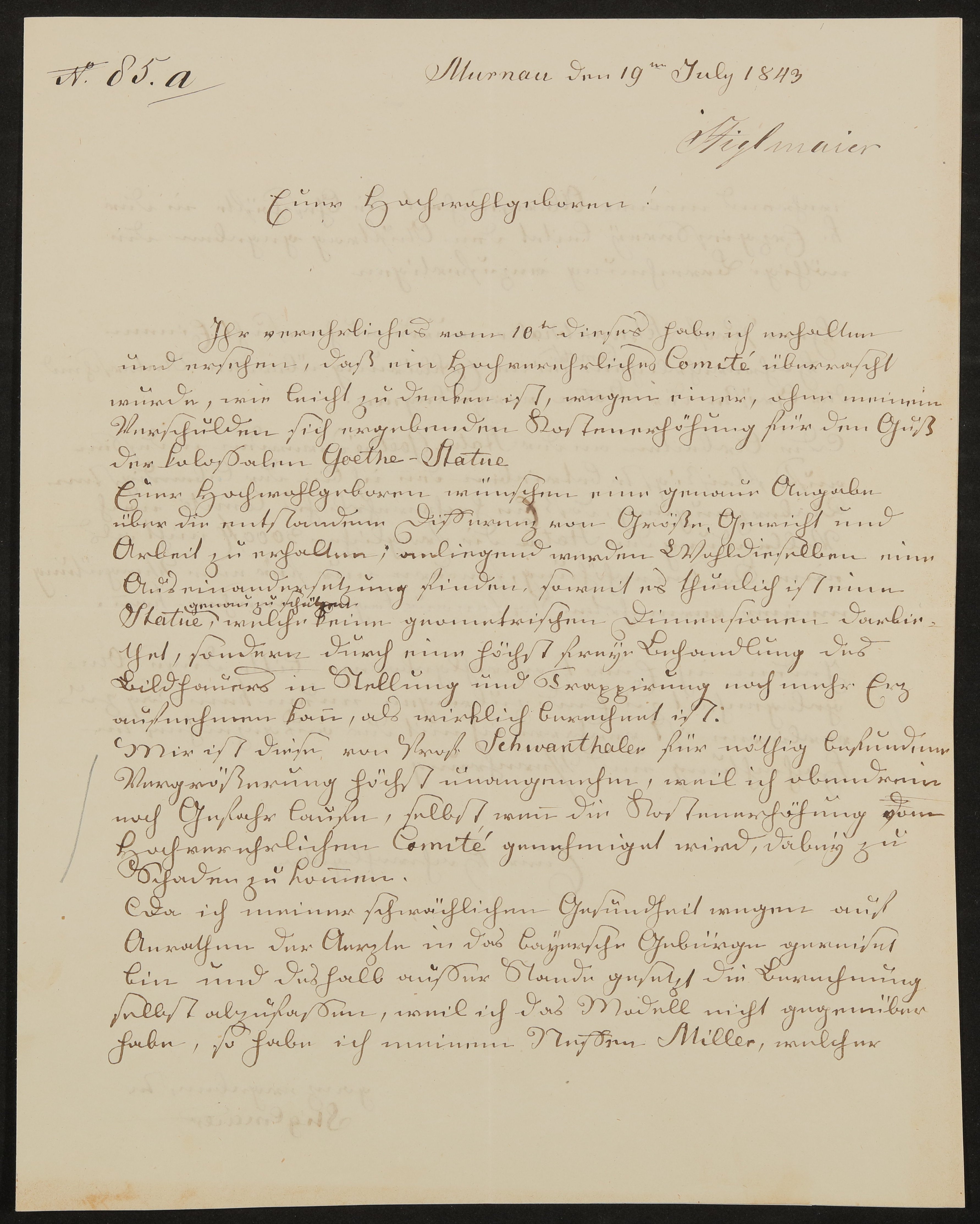 Brief von Johann Baptist Stiglmaier an Friedrich John / Comité für Errichtung des Goetheschen Denkmals vom 19.07.1843 (Freies Deutsches Hochstift / Frankfurter Goethe-Museum Public Domain Mark)