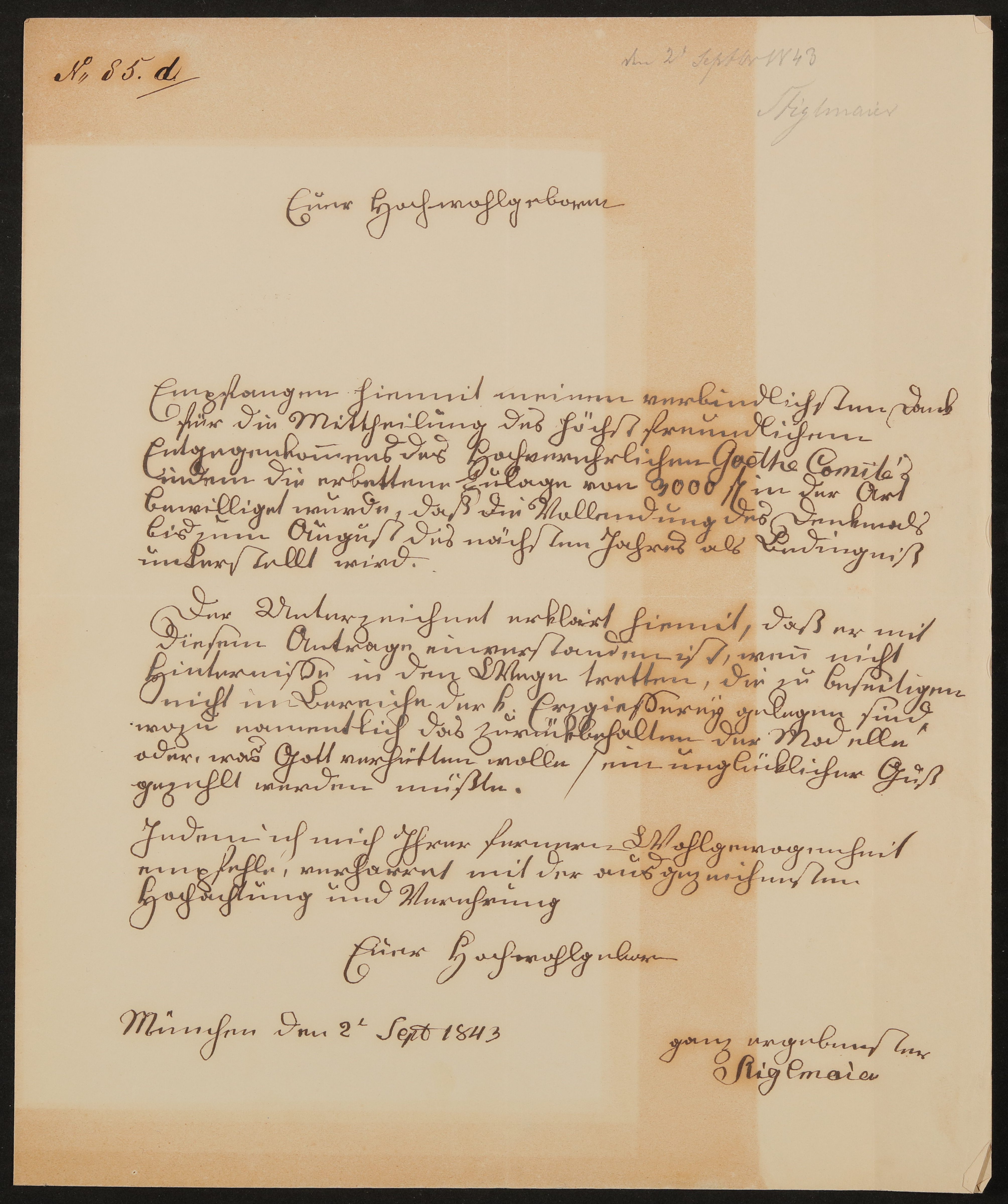 Brief von Johann Baptist Stiglmaier an Friedrich John (?) / Comité für Errichtung des Goetheschen Denkmals vom 02.09.1843 (Freies Deutsches Hochstift / Frankfurter Goethe-Museum Public Domain Mark)