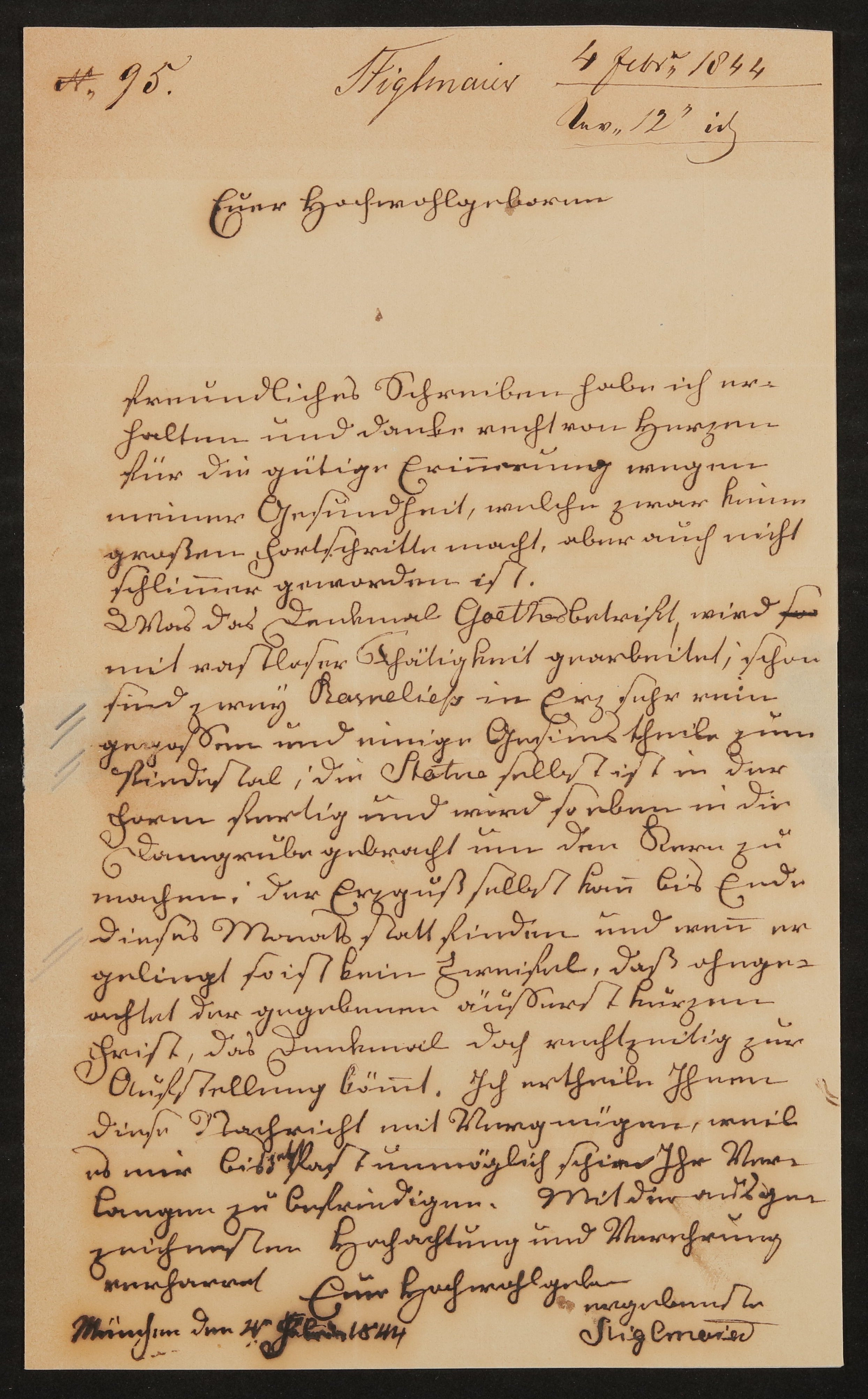 Brief von Johann Baptist Stiglmaier an Friedrich John / Comité für Errichtung des Goetheschen Denkmals vom 04.02.1844 (Freies Deutsches Hochstift / Frankfurter Goethe-Museum Public Domain Mark)
