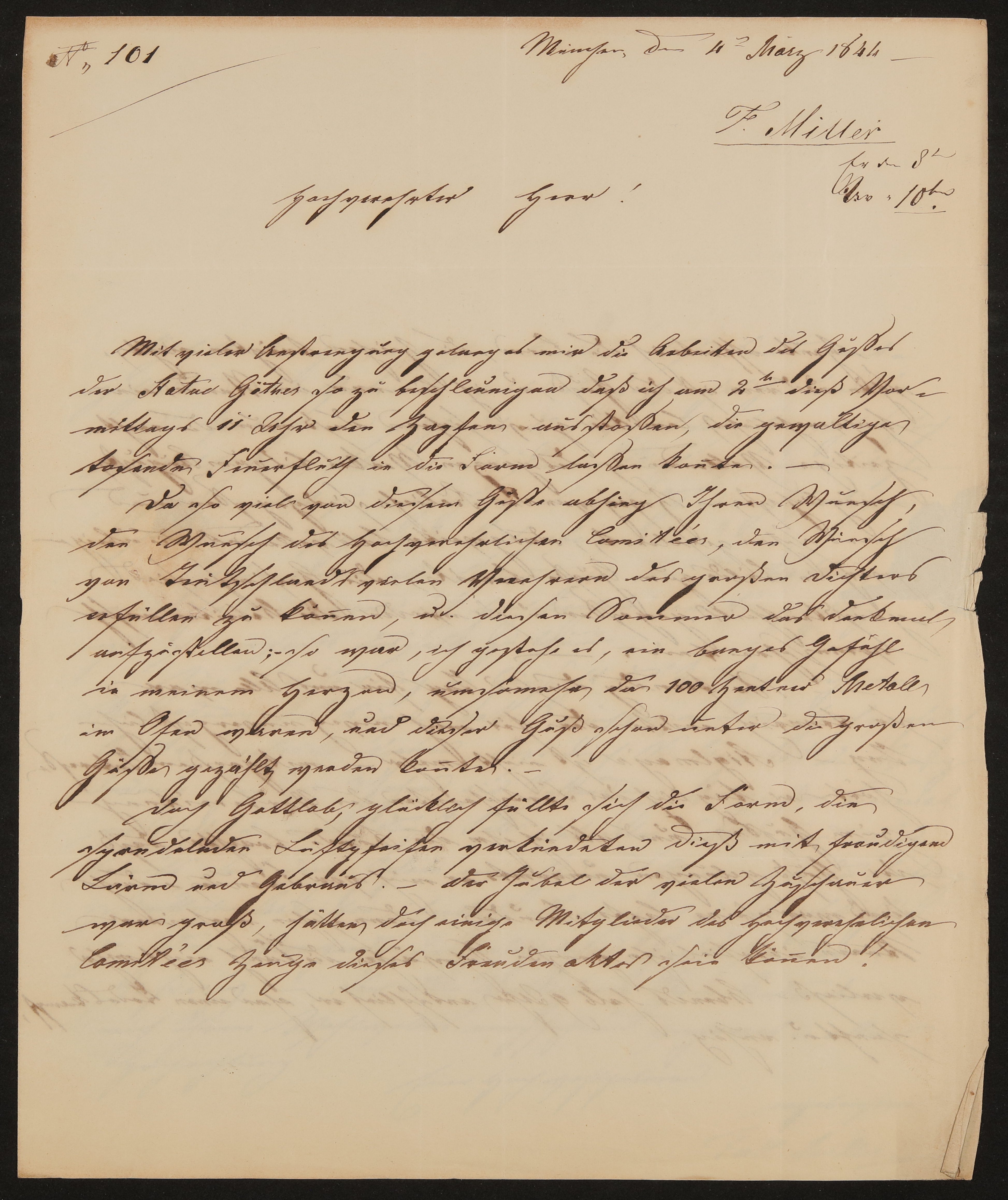 Brief von Ferdinand von Miller an das Comité für Errichtung des Goetheschen Denkmals / Friedrich John vom 04.03.1844 (Freies Deutsches Hochstift / Frankfurter Goethe-Museum Public Domain Mark)
