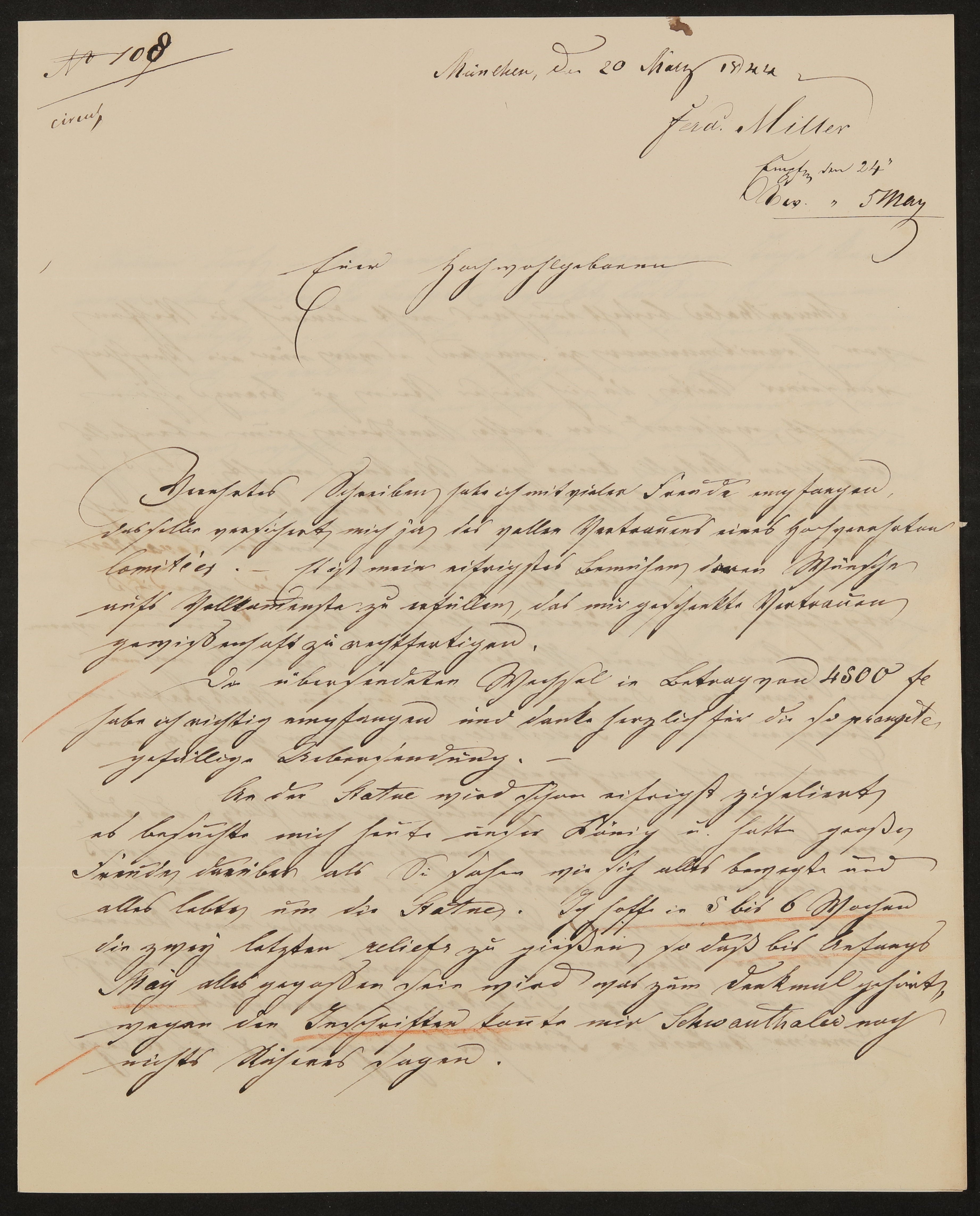 Brief von Ferdinand von Miller an Friedrich John / Comité für Errichtung des Goetheschen Denkmals vom 20.03.1844 (Freies Deutsches Hochstift / Frankfurter Goethe-Museum Public Domain Mark)