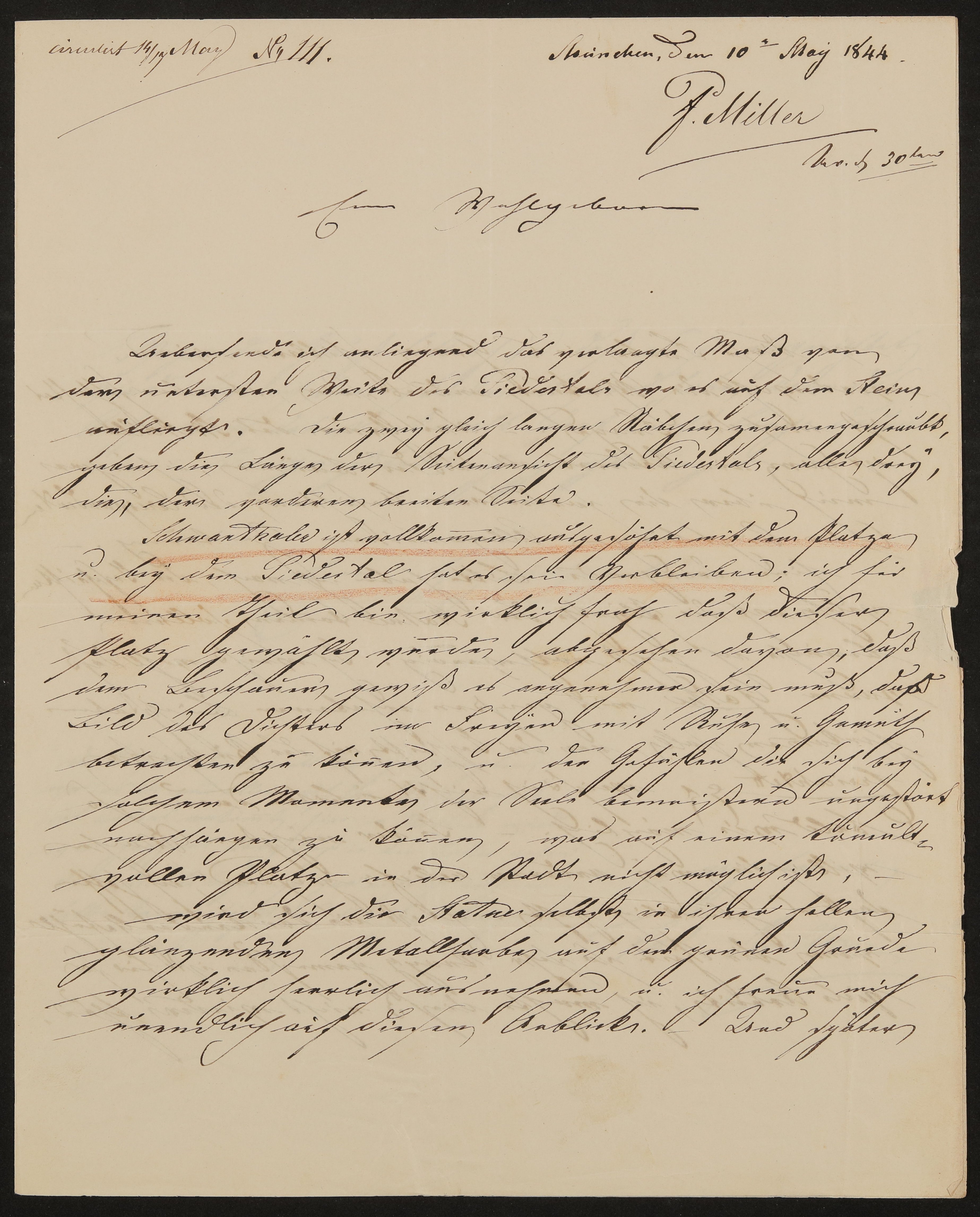Brief von Ferdinand von Miller an Friedrich John vom 10.05.1844 (Freies Deutsches Hochstift / Frankfurter Goethe-Museum Public Domain Mark)