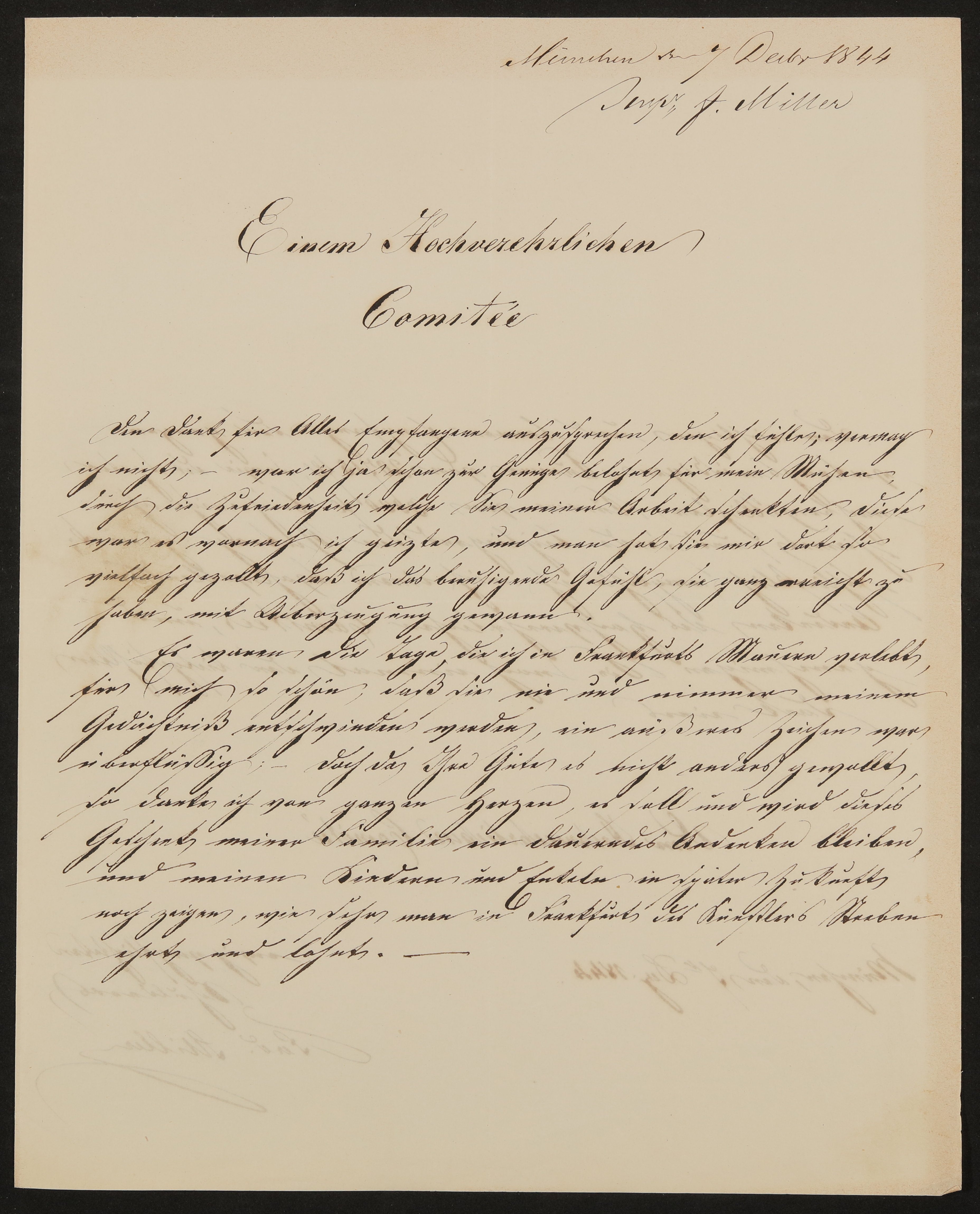 Brief von Ferdinand von Miller an das Comité für Errichtung des Goetheschen Denkmals vom 07.12.1844 (Freies Deutsches Hochstift / Frankfurter Goethe-Museum Public Domain Mark)