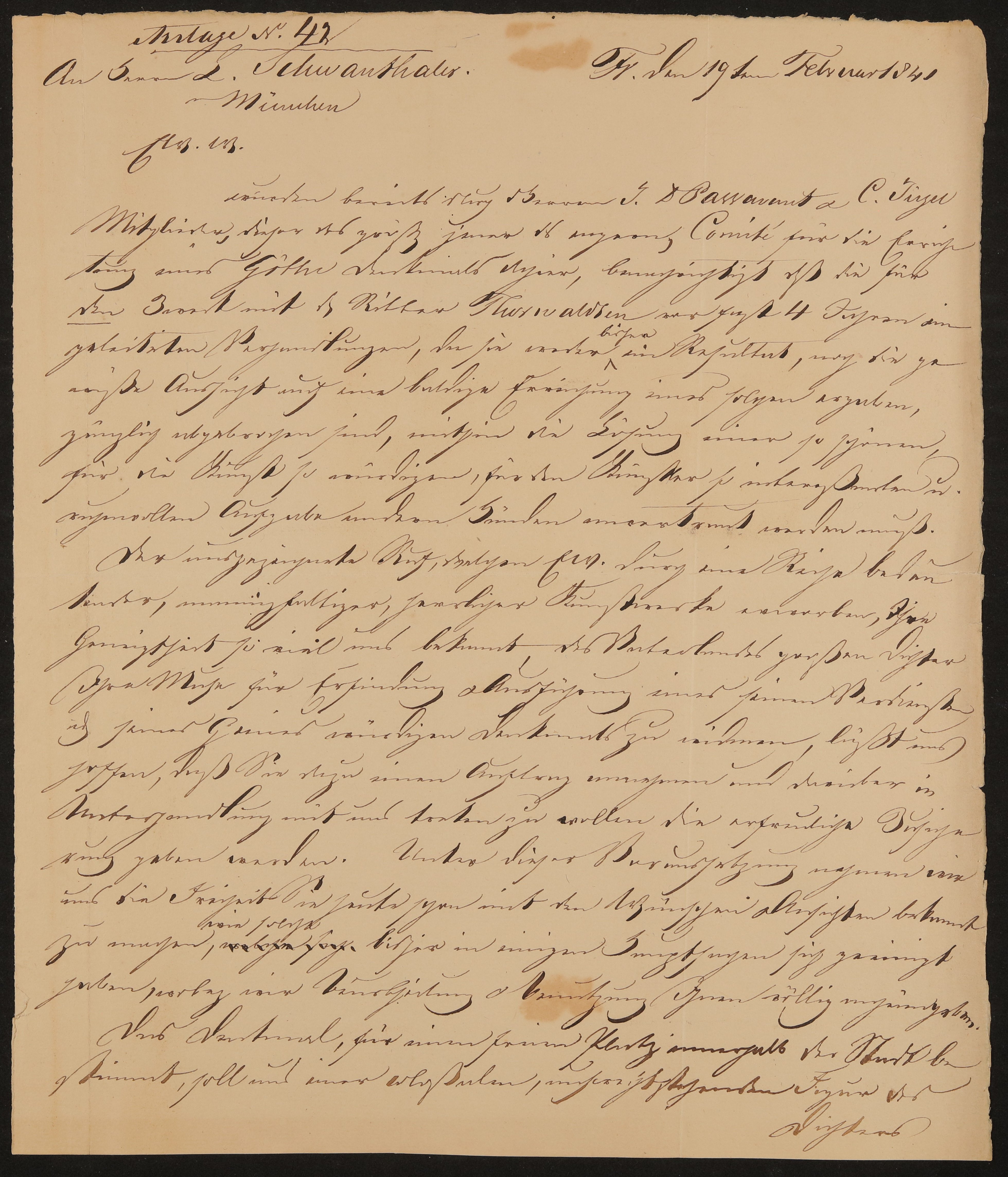 Brief von Friedrich John / Comité für Errichtung des Goetheschen Denkmals an Ludwig Schwanthaler vom 19.02.1841 (Freies Deutsches Hochstift / Frankfurter Goethe-Museum Public Domain Mark)