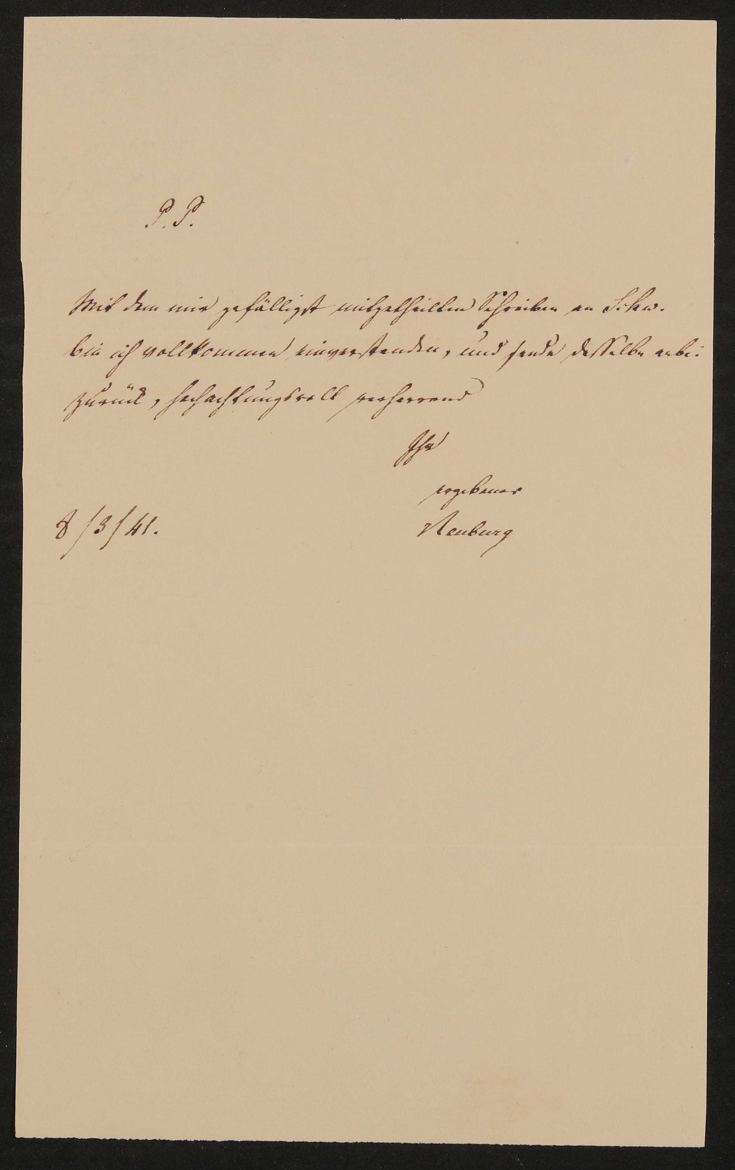 Briefnotiz von Johann Georg Neuburg an Friedrich John vom 08.03.1841 (Freies Deutsches Hochstift / Frankfurter Goethe-Museum Public Domain Mark)