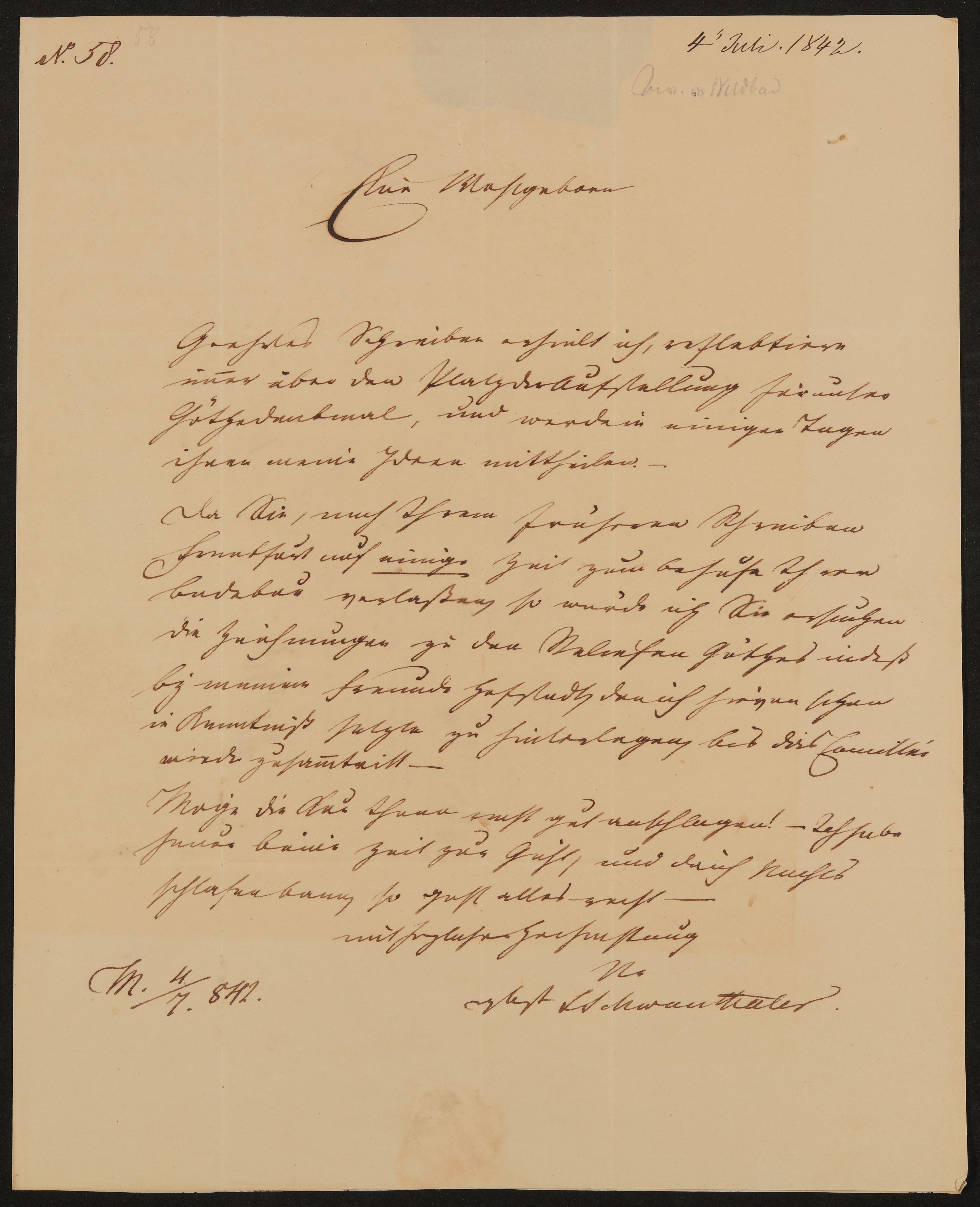 Brief von Ludwig Schwanthaler an Friedrich John vom 04.07.1842 (Freies Deutsches Hochstift / Frankfurter Goethe-Museum Public Domain Mark)