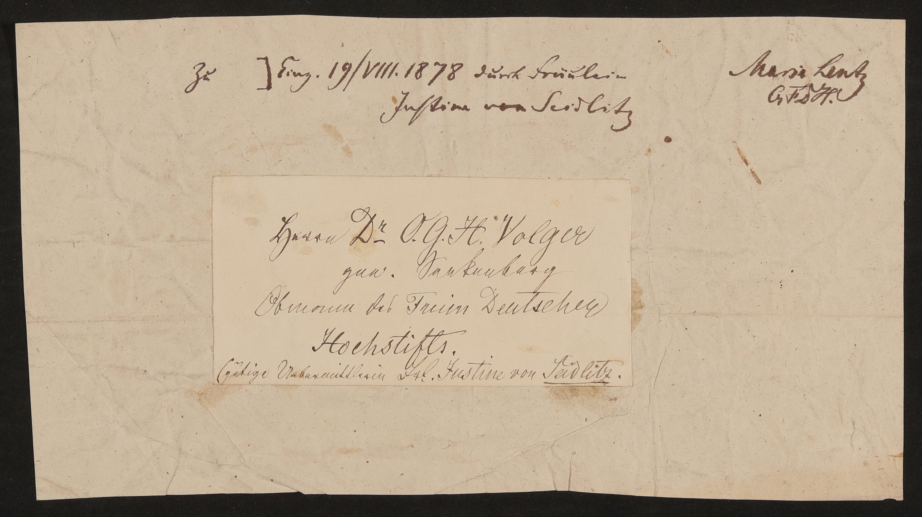 Notiz über den Eingang eines Schreibens oder eines Objektes vom 19.08.1878 (Freies Deutsches Hochstift / Frankfurter Goethe-Museum Public Domain Mark)