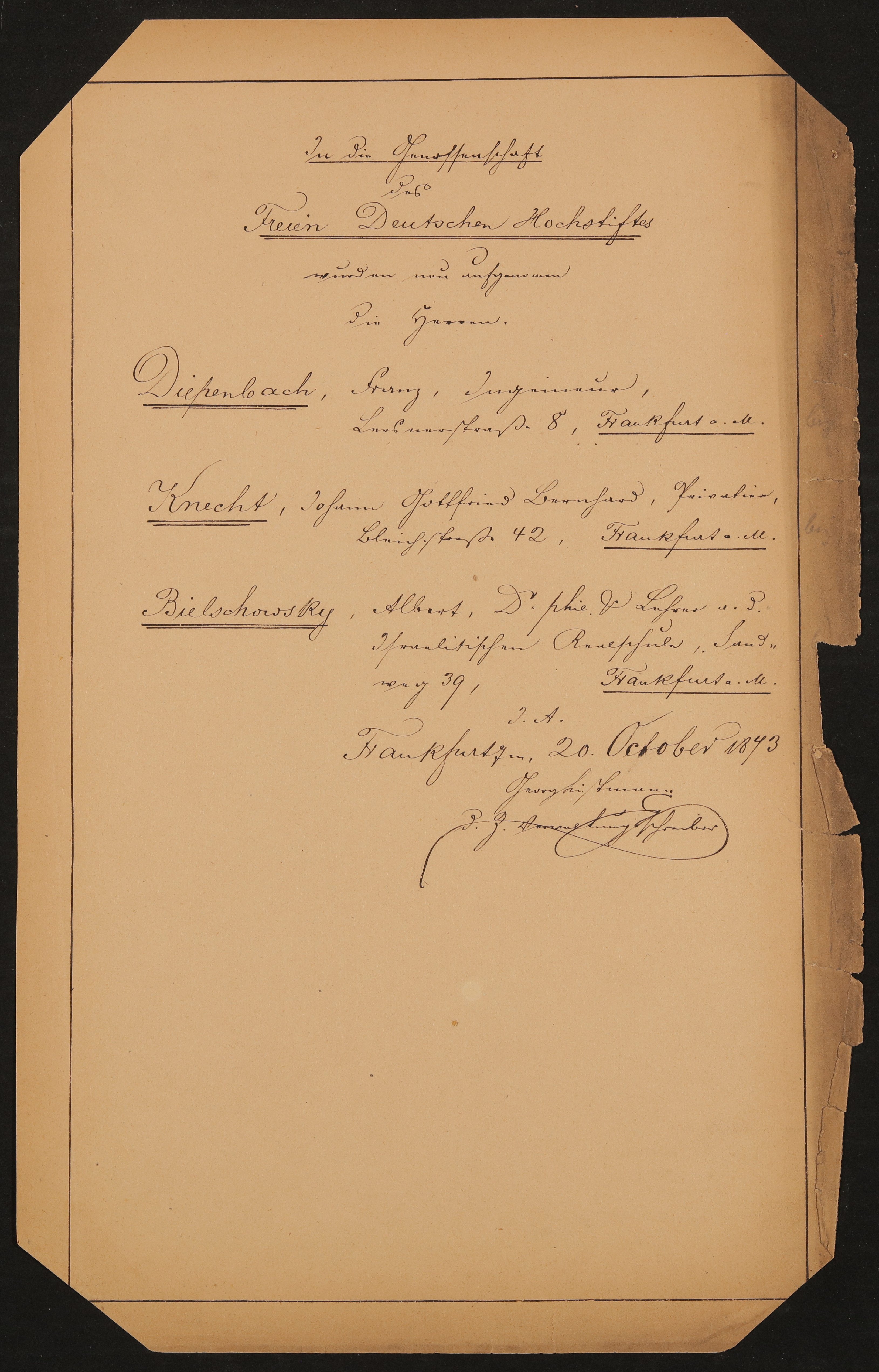 Liste "In die Genossenschaft des Freien Deutschen Hochstiftes wurden neu aufgenommen..." (20.10.1873) (Freies Deutsches Hochstift / Frankfurter Goethe-Museum Public Domain Mark)