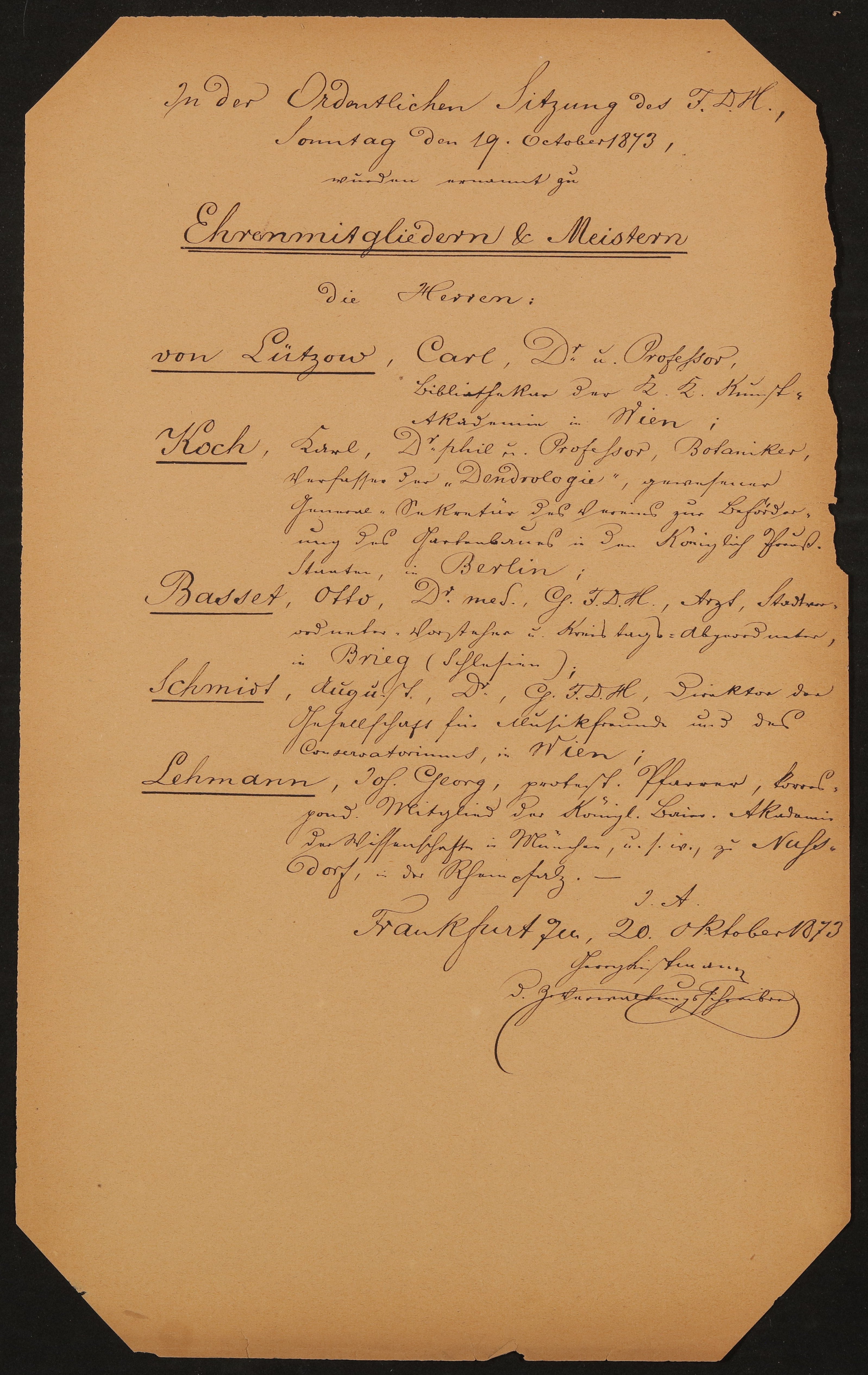 Liste "In der Ordentlichen Sitzung des F.D.H., Sonntag den 19. Oktober 1873, wurden ernannt zu Ehrenmitgliedern & Meistern..." (Freies Deutsches Hochstift / Frankfurter Goethe-Museum Public Domain Mark)