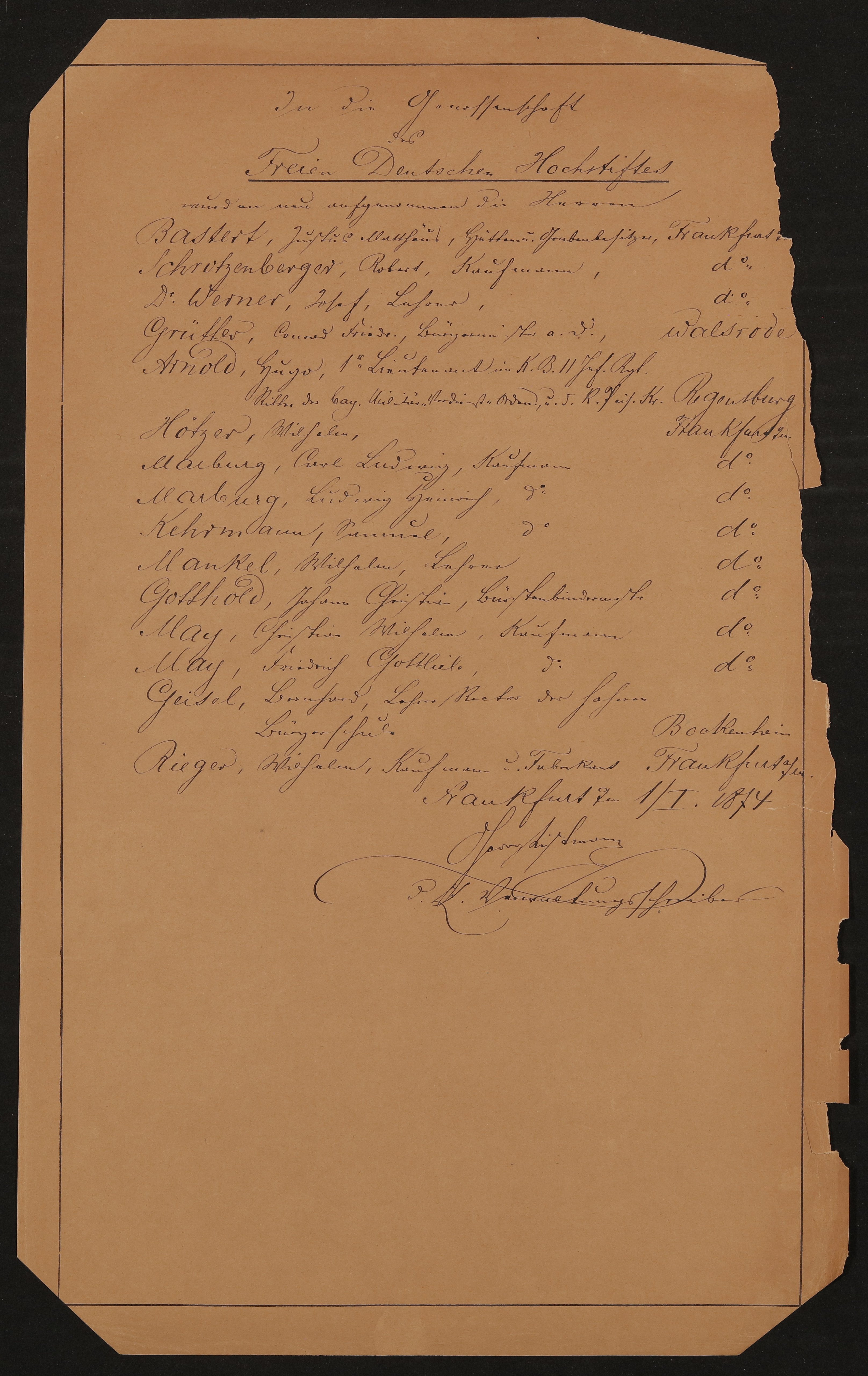 Liste "In die Genossenschaft des Freien Deutschen Hochstiftes wurden neu aufgenommen..." (01.01.1874) (Freies Deutsches Hochstift / Frankfurter Goethe-Museum Public Domain Mark)