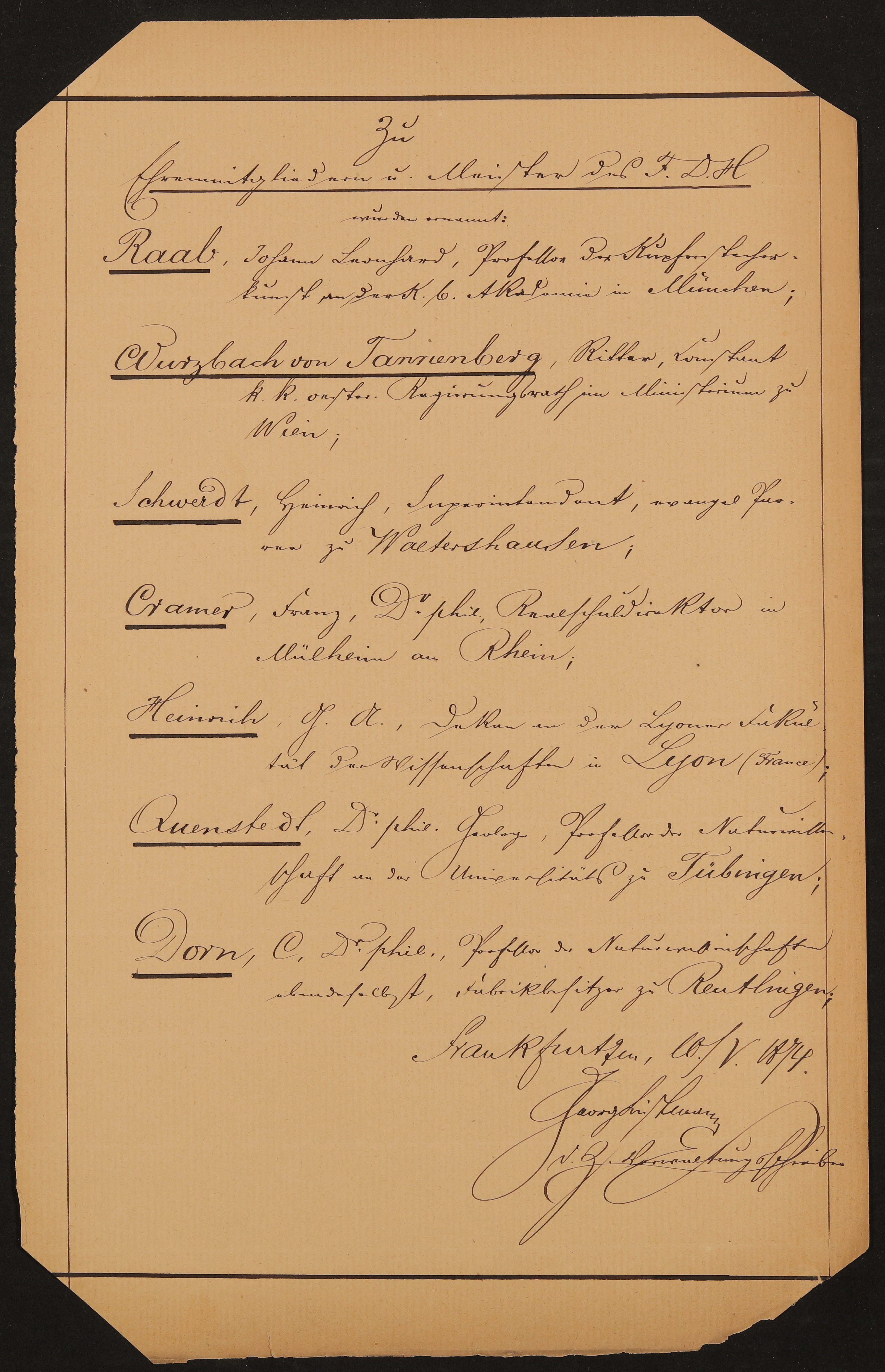 Liste "Zu Ehrenmitgliedern und Meister des F.D.H. wurden ernannt" (10.05.1874) (Freies Deutsches Hochstift / Frankfurter Goethe-Museum Public Domain Mark)