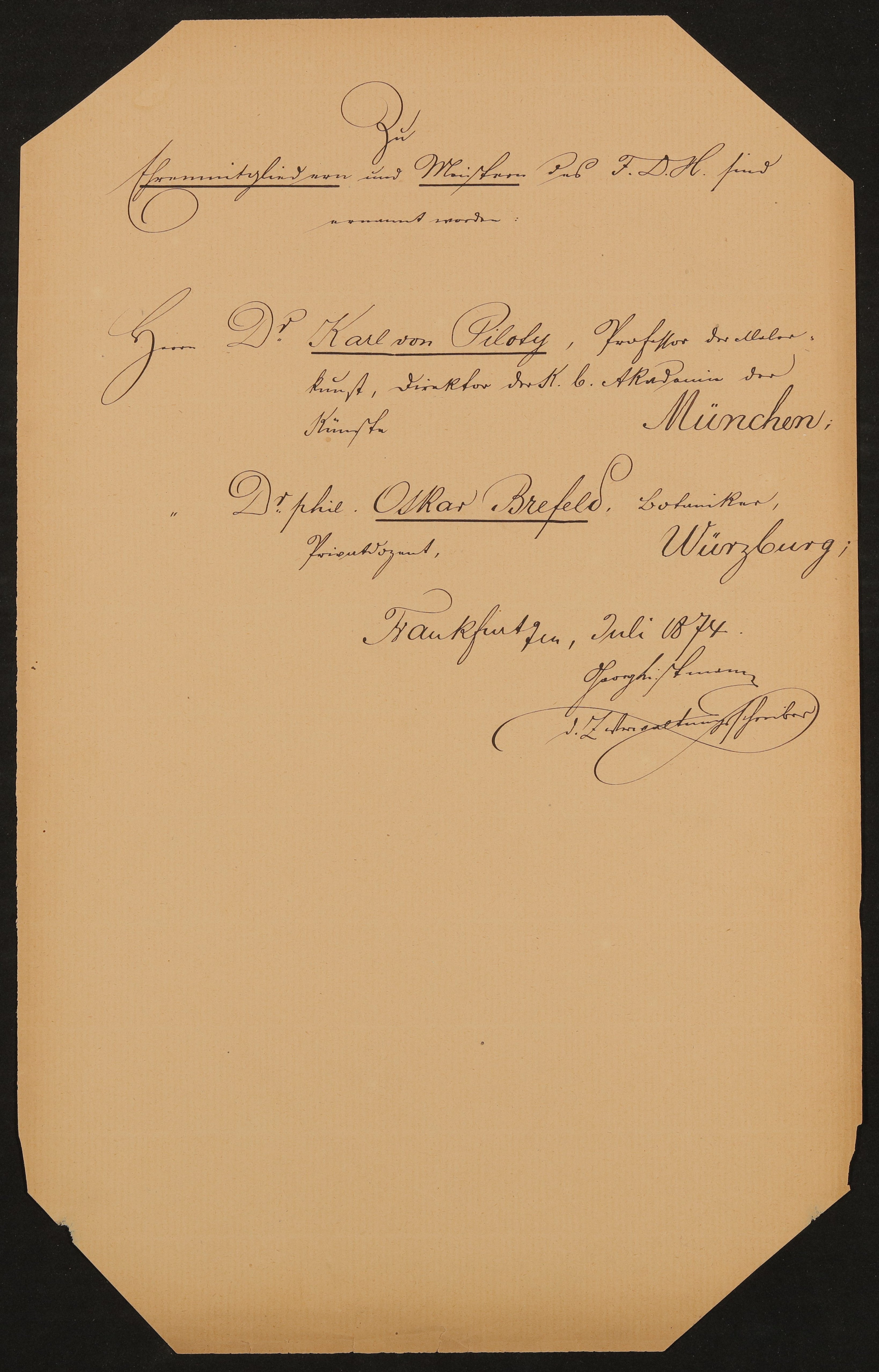 Liste "Zu Ehrenmitgliedern und Meistern des F.D.H. sind ernannt worden" (07.1874) (Freies Deutsches Hochstift / Frankfurter Goethe-Museum Public Domain Mark)