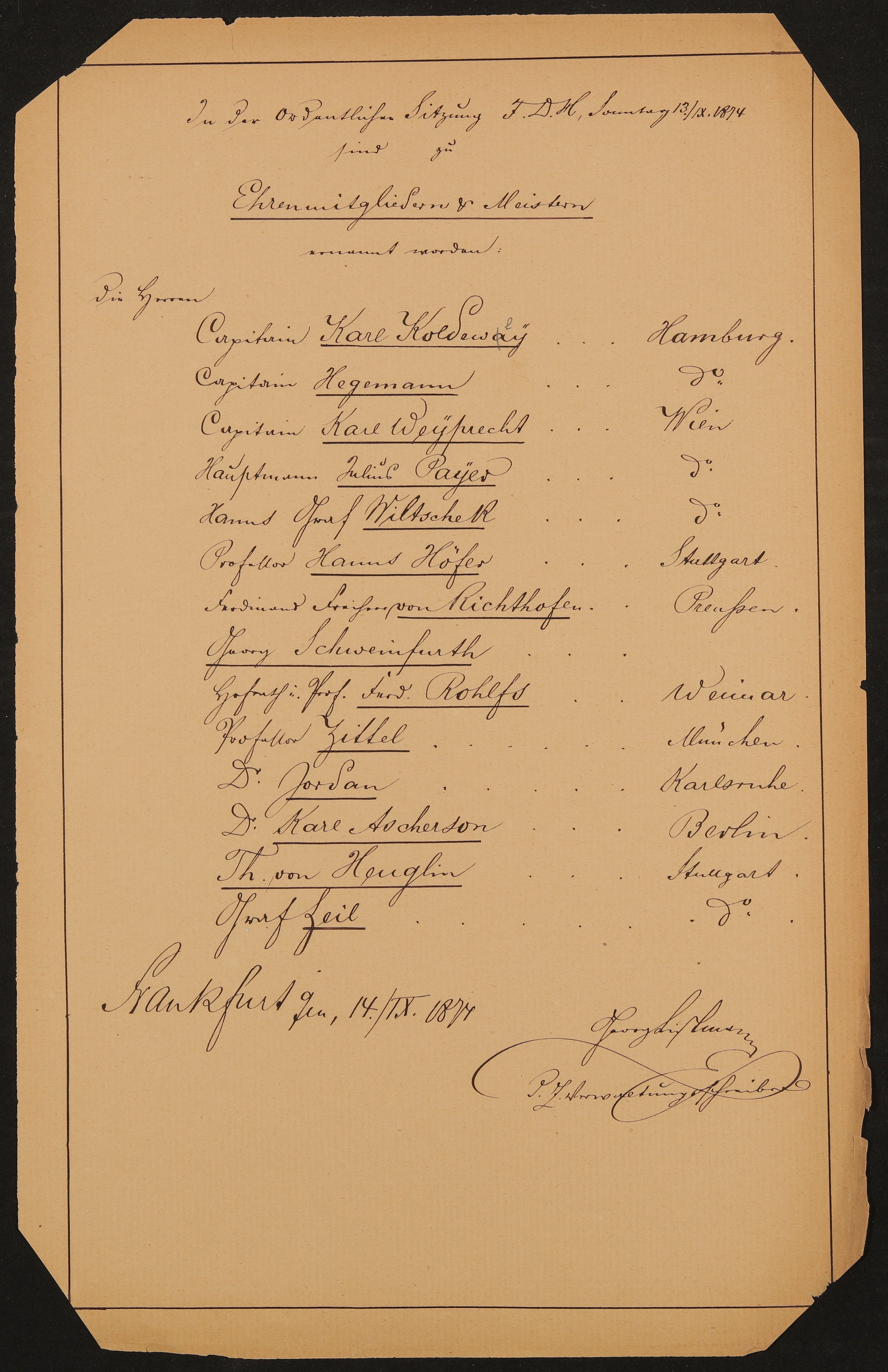Liste "In der Ordentlichen Sitzung F.D.H, Sonntag 13.09.1874 sind zu Ehrenmitgliedern & Meistern ernannt worden" (Freies Deutsches Hochstift / Frankfurter Goethe-Museum Public Domain Mark)