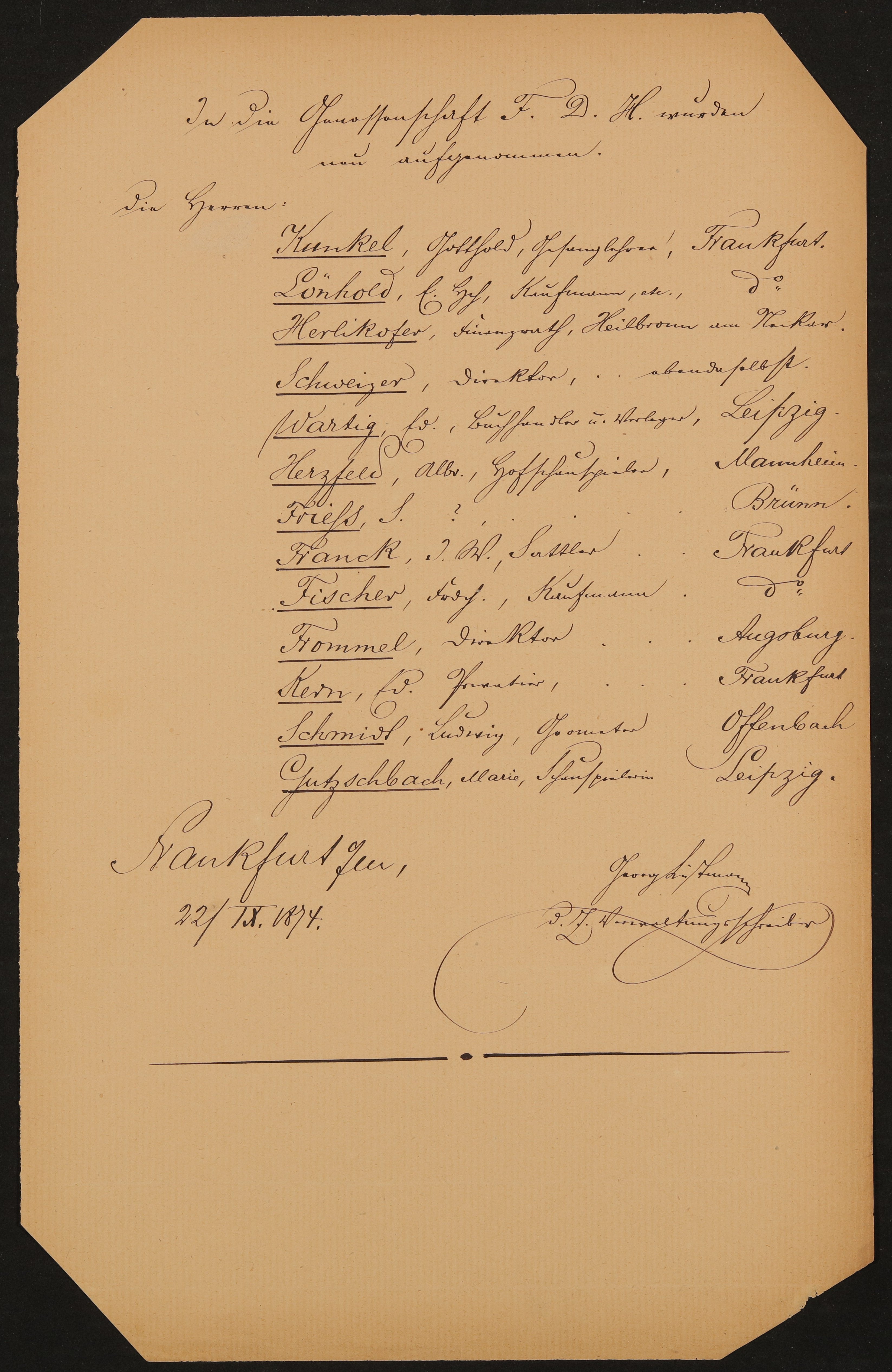 Liste "In die Genossenschaft F.D.H. wurden neu aufgenommen" (22.09.1874) (Freies Deutsches Hochstift / Frankfurter Goethe-Museum Public Domain Mark)