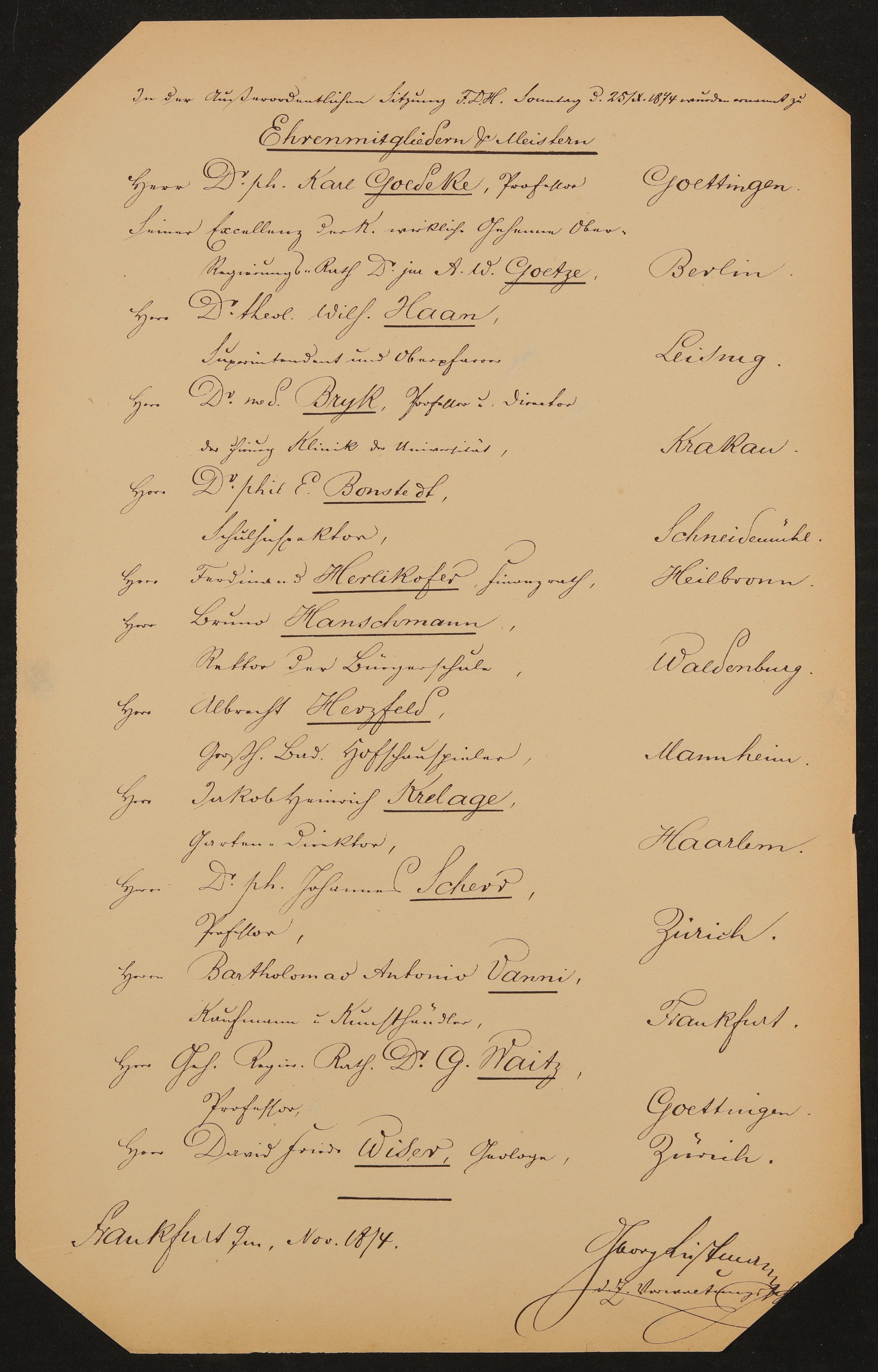 Liste "In der Außerordentlichen Sitzung F.D.H. Sonntag den 25.10.1874 wurden ernannt zu Ehrenmitgliedern & Meistern" (Freies Deutsches Hochstift / Frankfurter Goethe-Museum Public Domain Mark)
