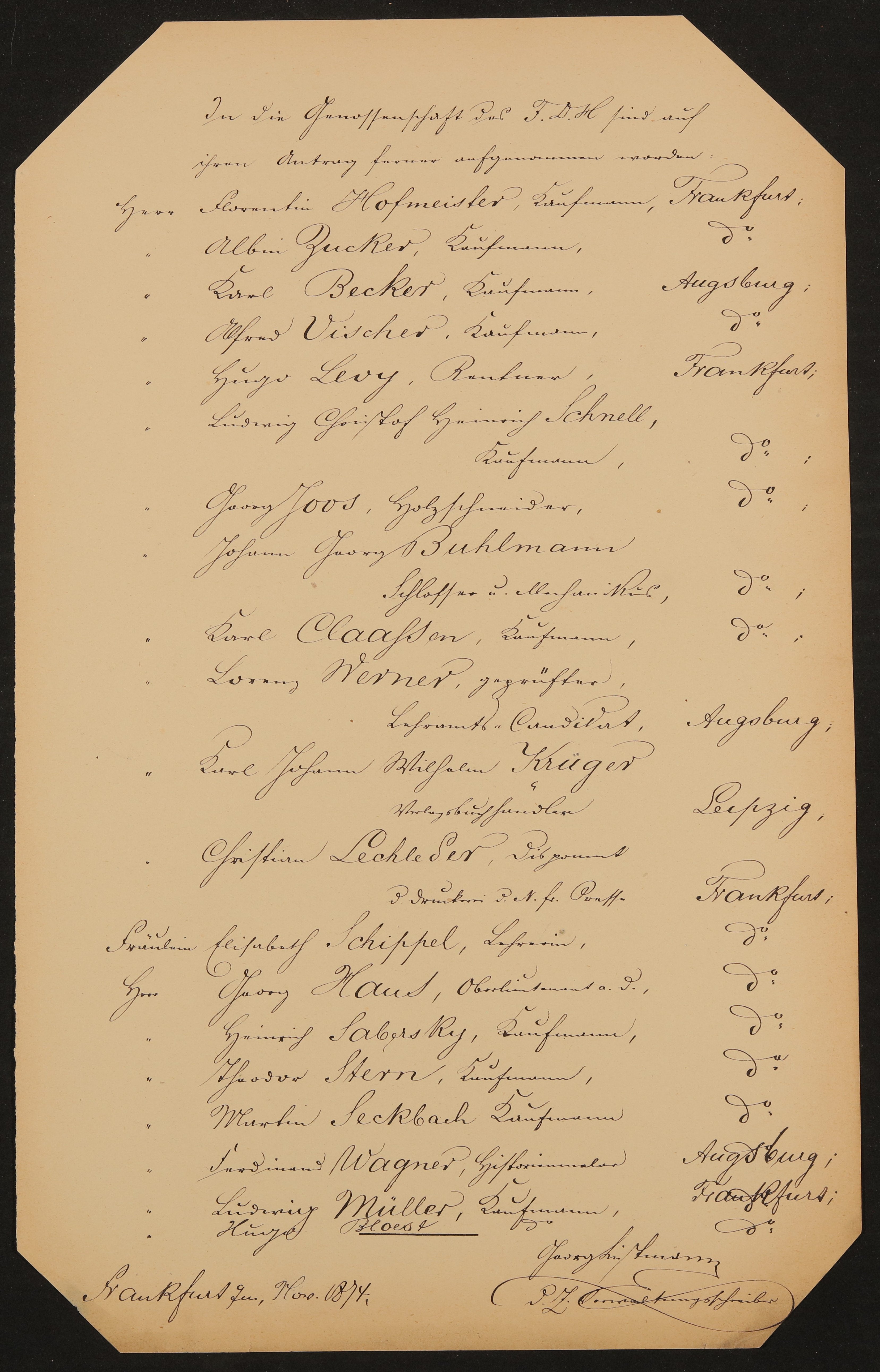 Liste "In die Genossenschaft des F.D.H. sind auf ihren Antrag ferner aufgenommen worden" (11.1874) (Freies Deutsches Hochstift / Frankfurter Goethe-Museum Public Domain Mark)