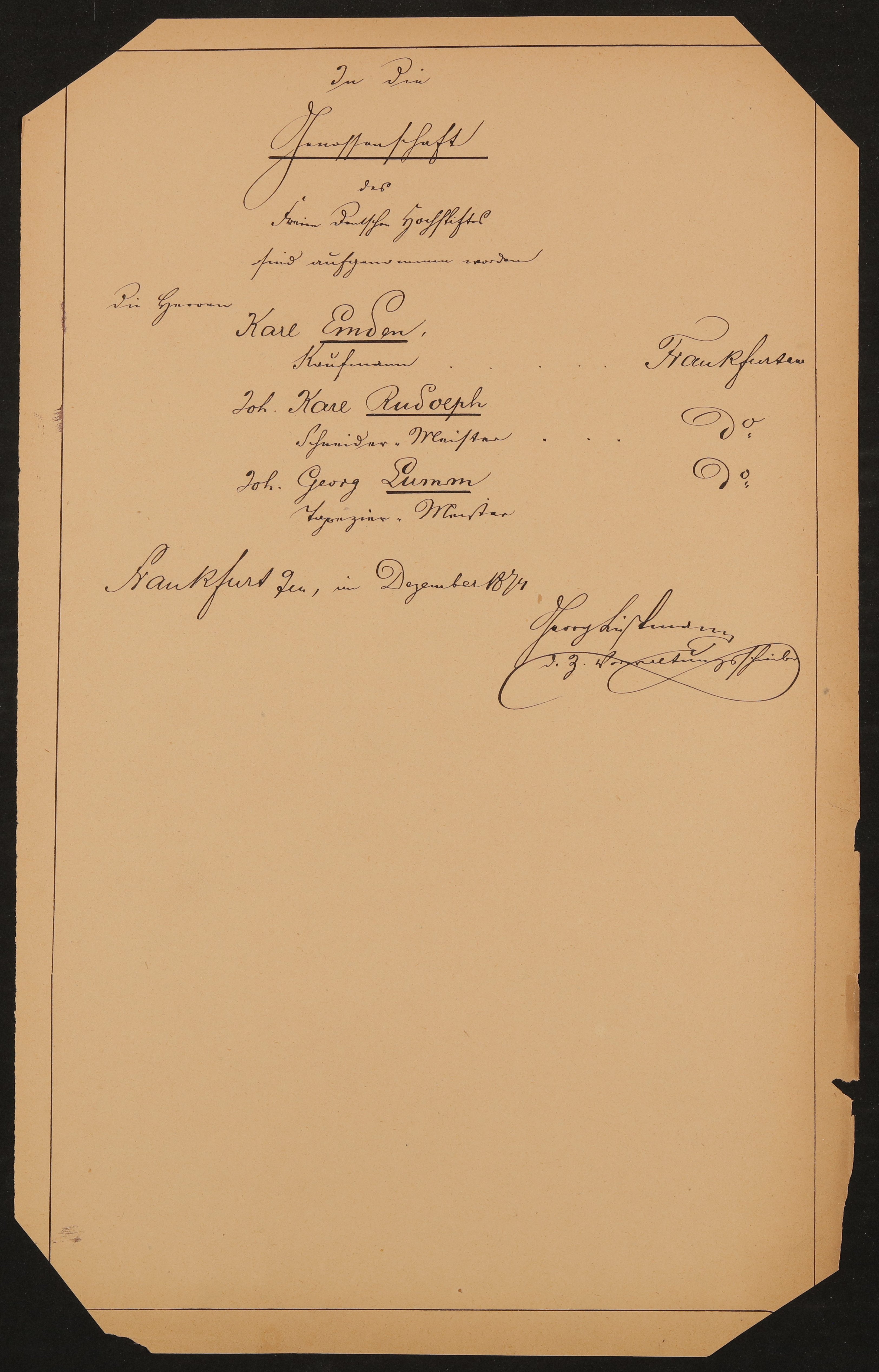 Liste "In die Genossenschaft des Freien Deutschen Hochstiftes sind aufgenommen worden" (12.1874) (Freies Deutsches Hochstift / Frankfurter Goethe-Museum Public Domain Mark)