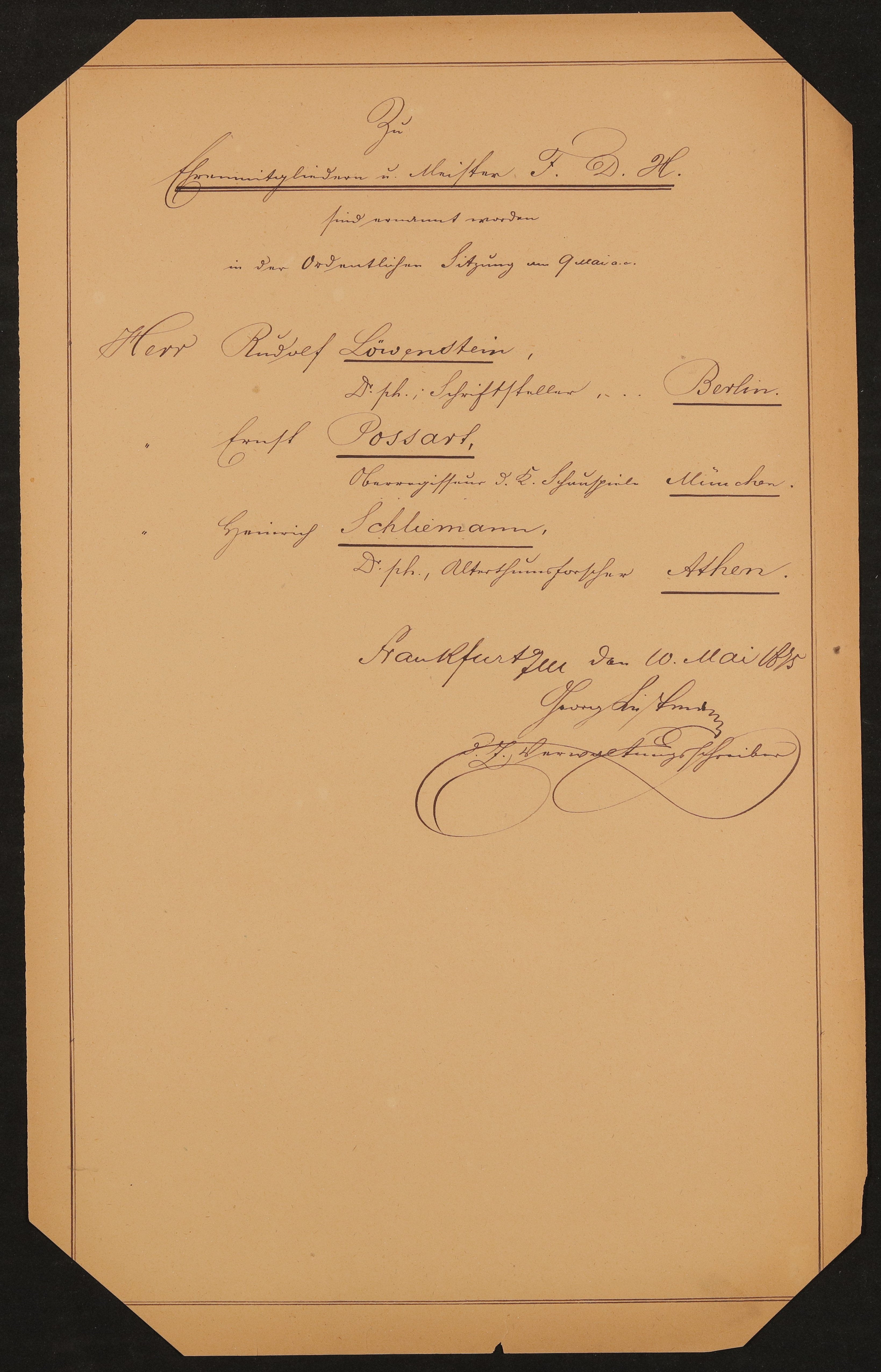 Liste "Zu Ehrenmitgliedern und Meister F.D.H. sind ernannt worden in der Ordentlichen Sitzung am 9. Mai [1875]" (Freies Deutsches Hochstift / Frankfurter Goethe-Museum Public Domain Mark)