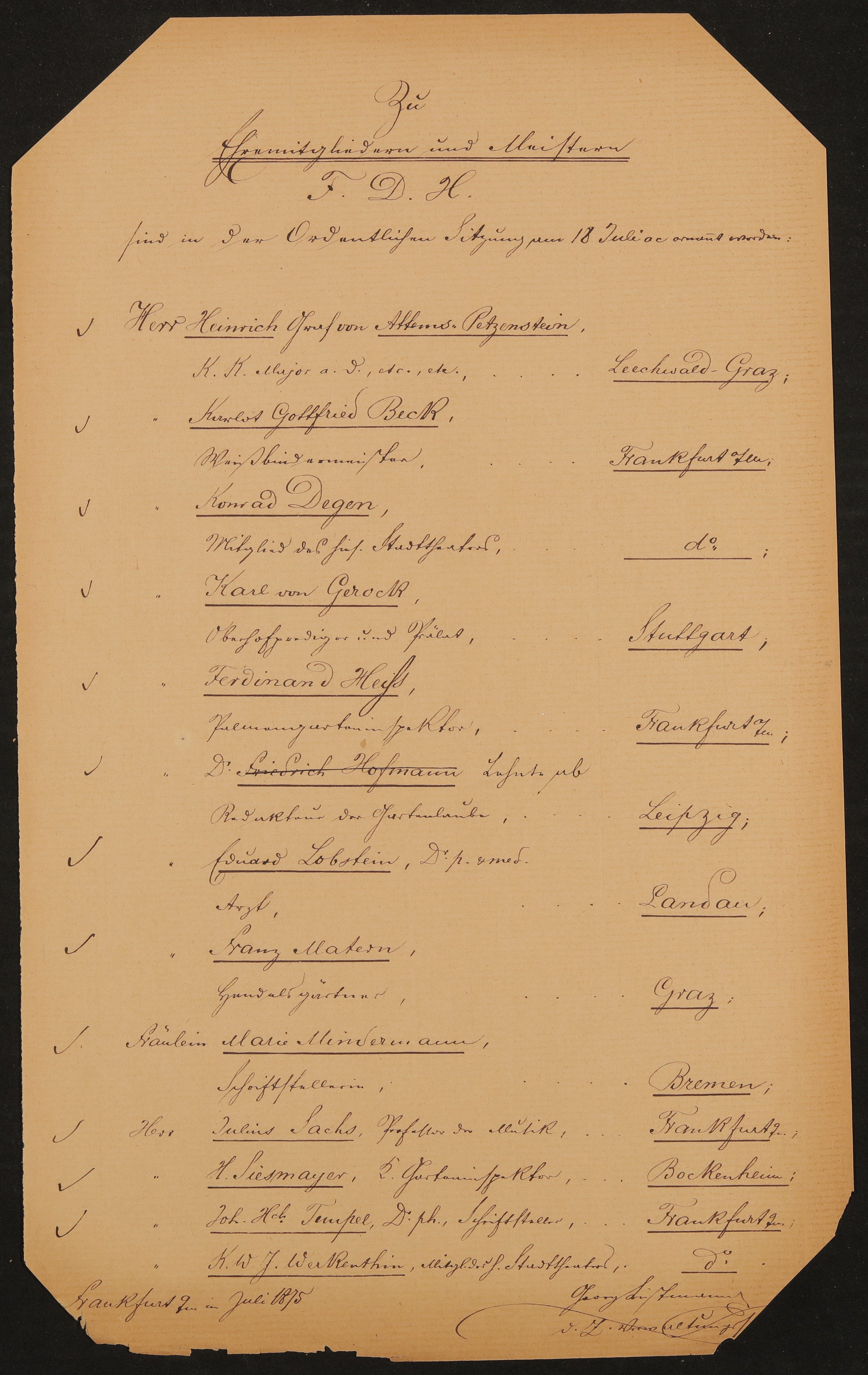 Liste "Zu Ehrenmitgliedern und Meistern F.D.H. sind in der Ordentlichen Sitzung am 18. Juli [1875] ernannt worden" (Freies Deutsches Hochstift / Frankfurter Goethe-Museum Public Domain Mark)