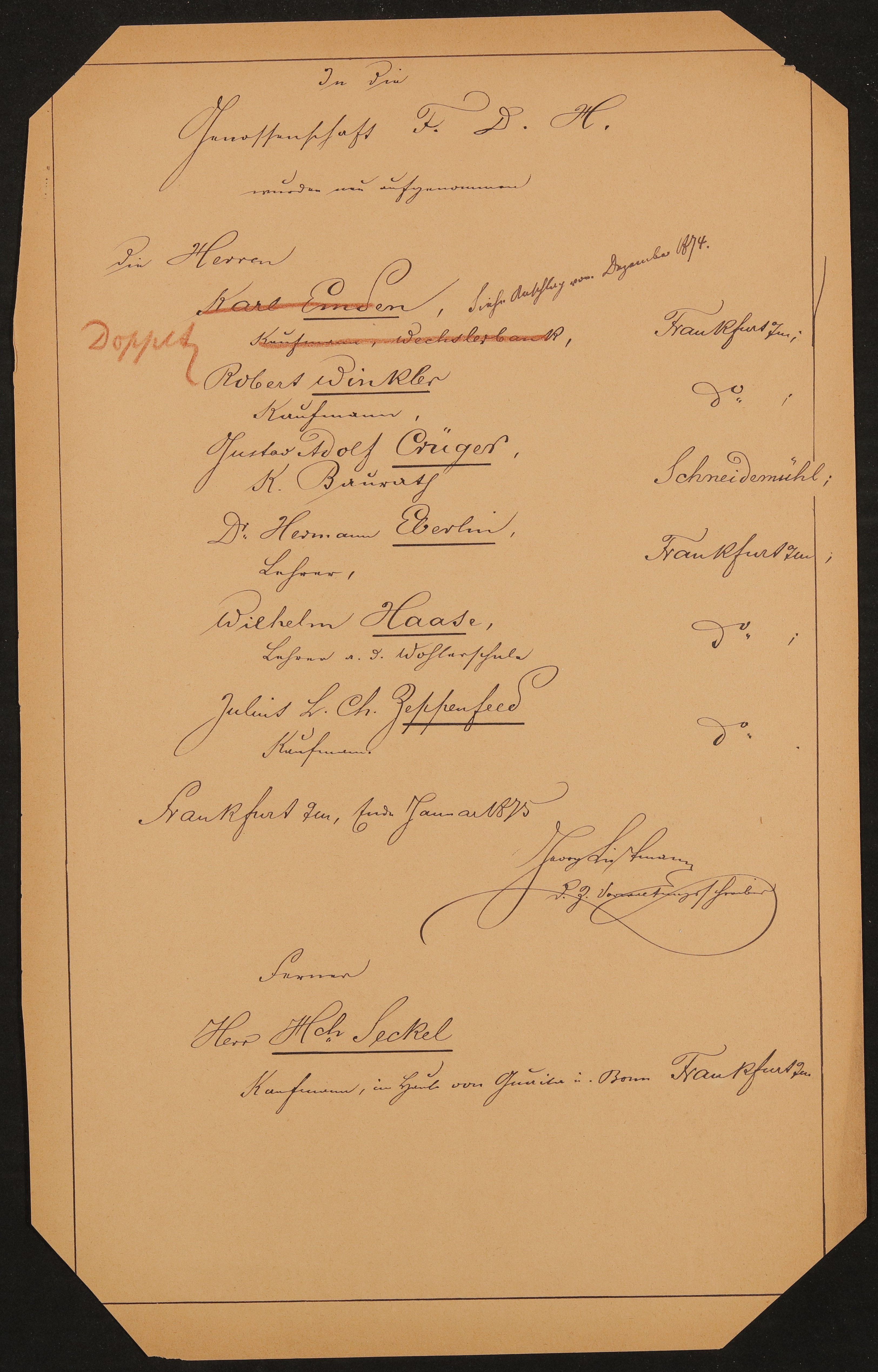 Liste "In die Genossenschaft F.D.H. wurden neu aufgenommen" (Ende Januar 1875) (Freies Deutsches Hochstift / Frankfurter Goethe-Museum Public Domain Mark)