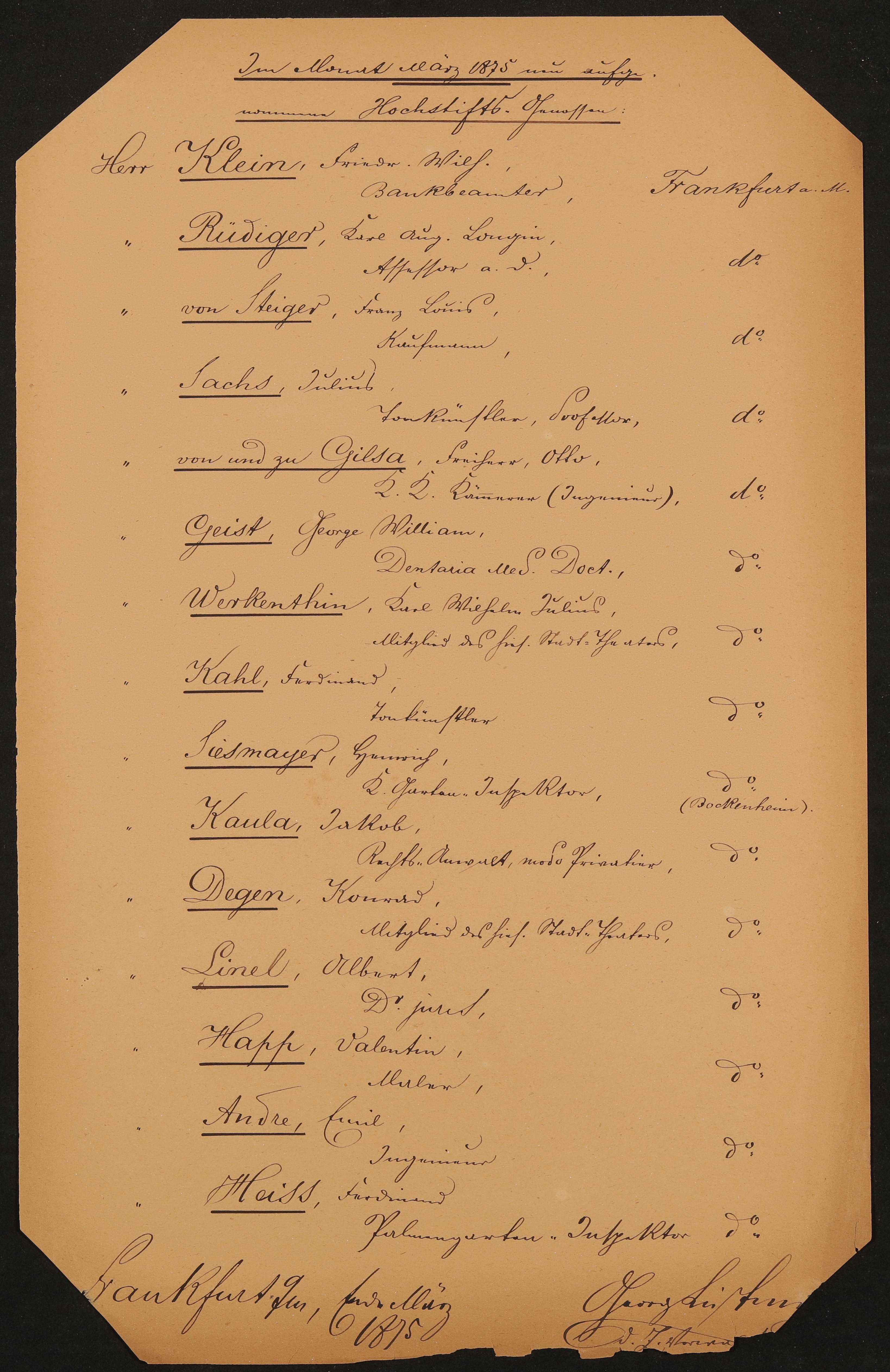 Liste "Im Monat März 1875 neu aufgenommene Hochstifts-Genossen" (Freies Deutsches Hochstift / Frankfurter Goethe-Museum Public Domain Mark)