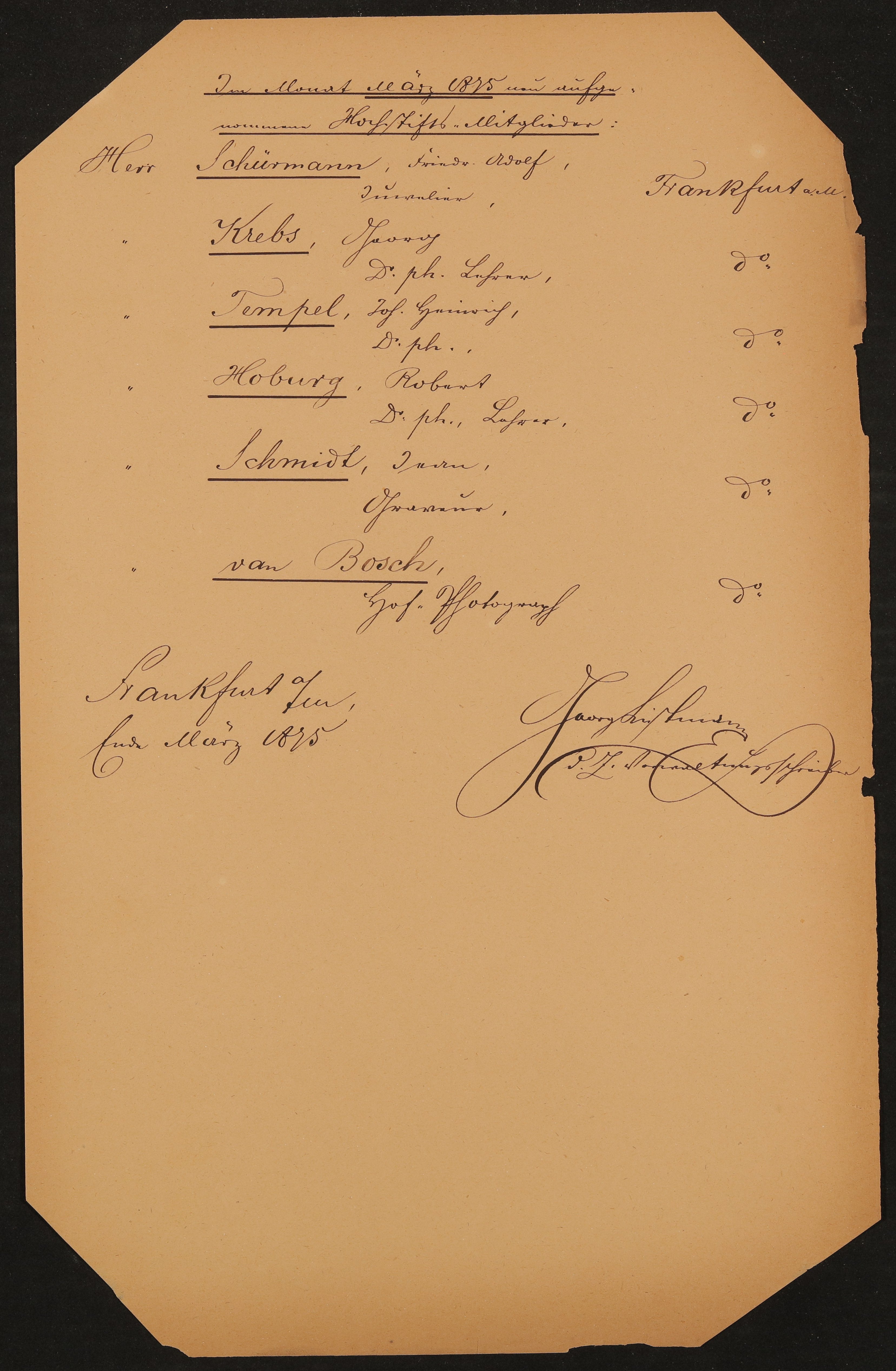 Liste "Im Monat März 1875 neu aufgenommene Hochstifts-Mitglieder" (Freies Deutsches Hochstift / Frankfurter Goethe-Museum Public Domain Mark)