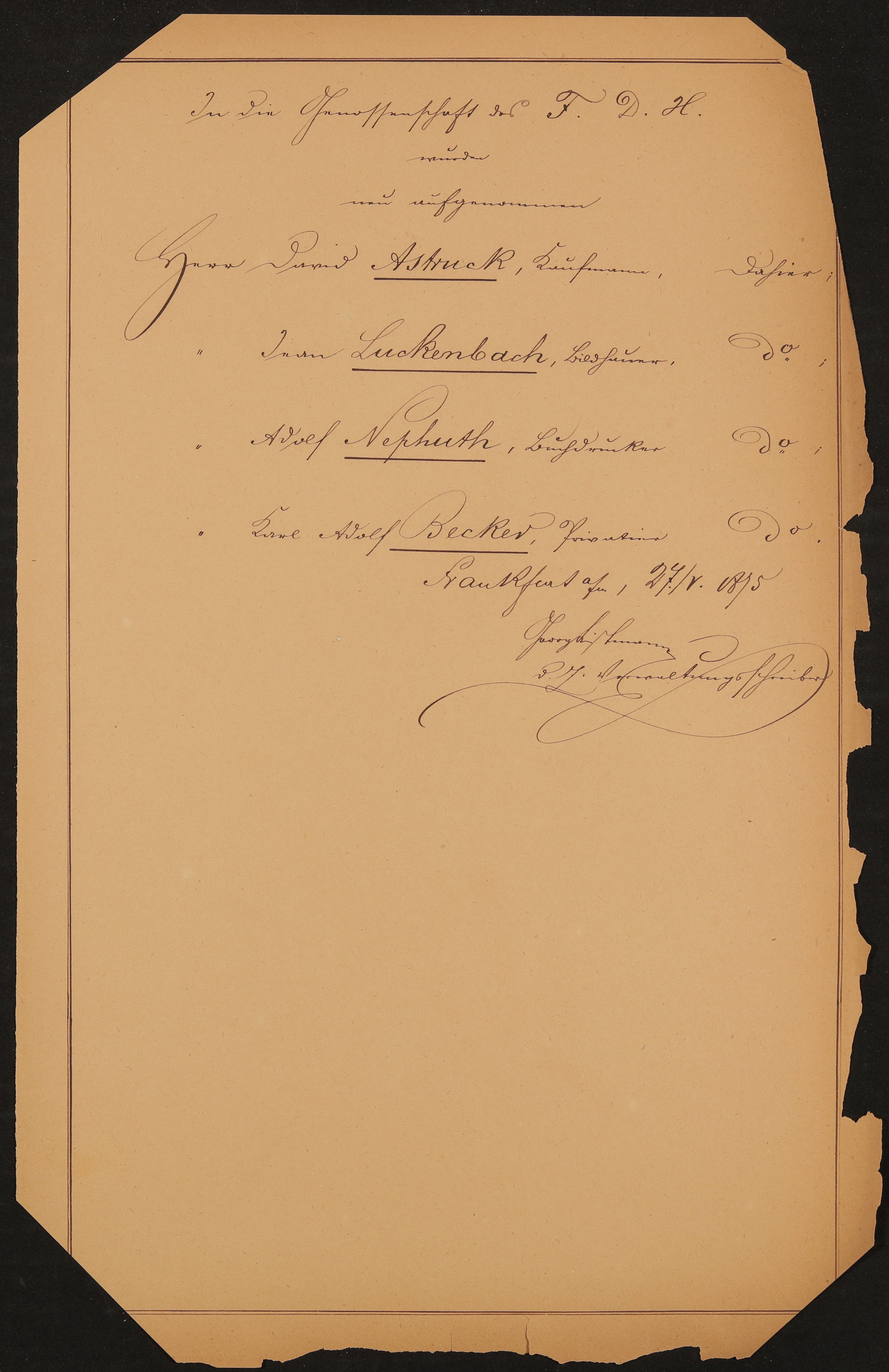 Liste "In die Genossenschaft des F.D.H. wurden neu aufgenommen" (27.05.1875) (Freies Deutsches Hochstift / Frankfurter Goethe-Museum Public Domain Mark)
