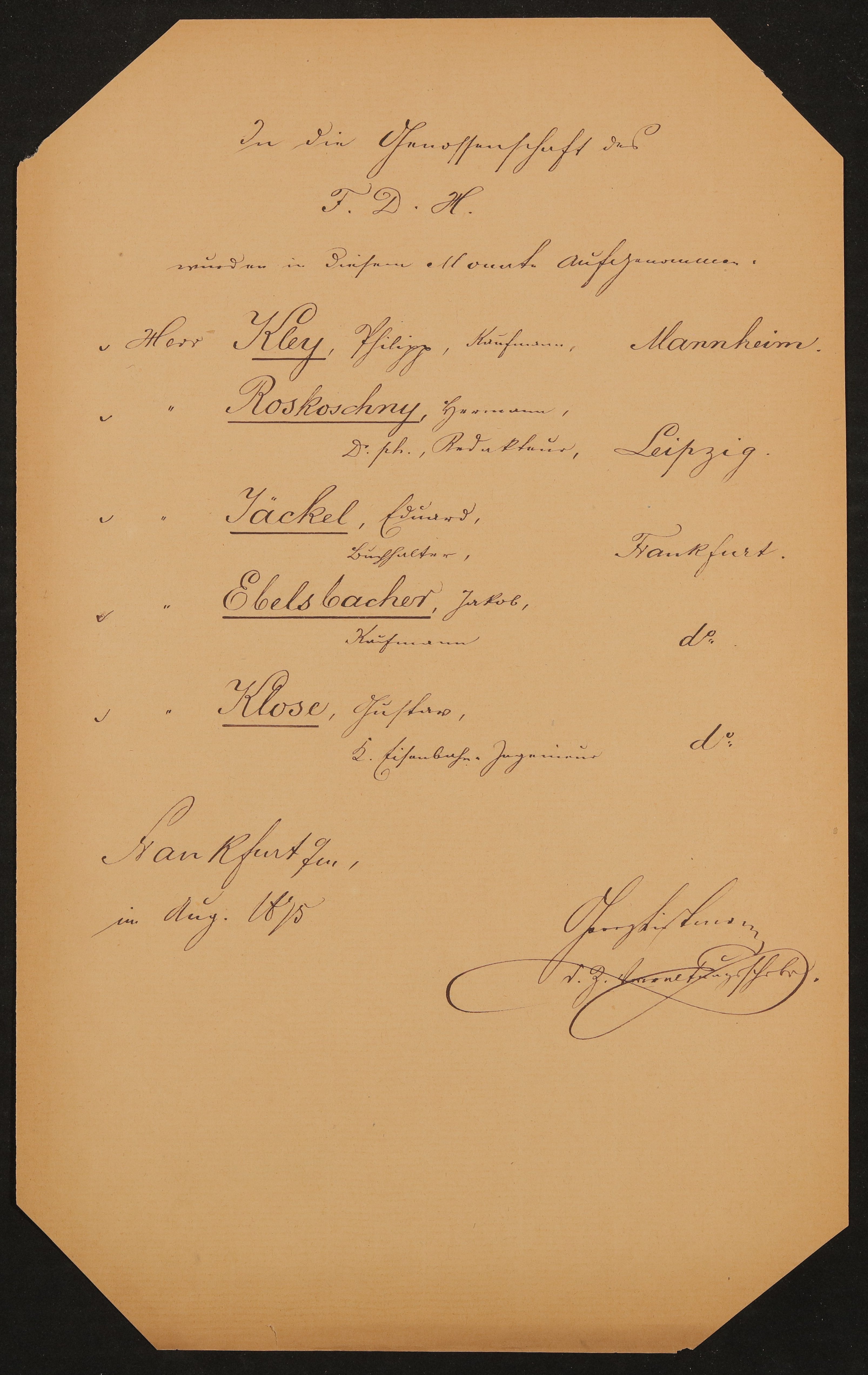 Liste "In die Genossenschaft des F.D.H. wurden in diesem Monat aufgenommen" (August 1875) (Freies Deutsches Hochstift / Frankfurter Goethe-Museum Public Domain Mark)