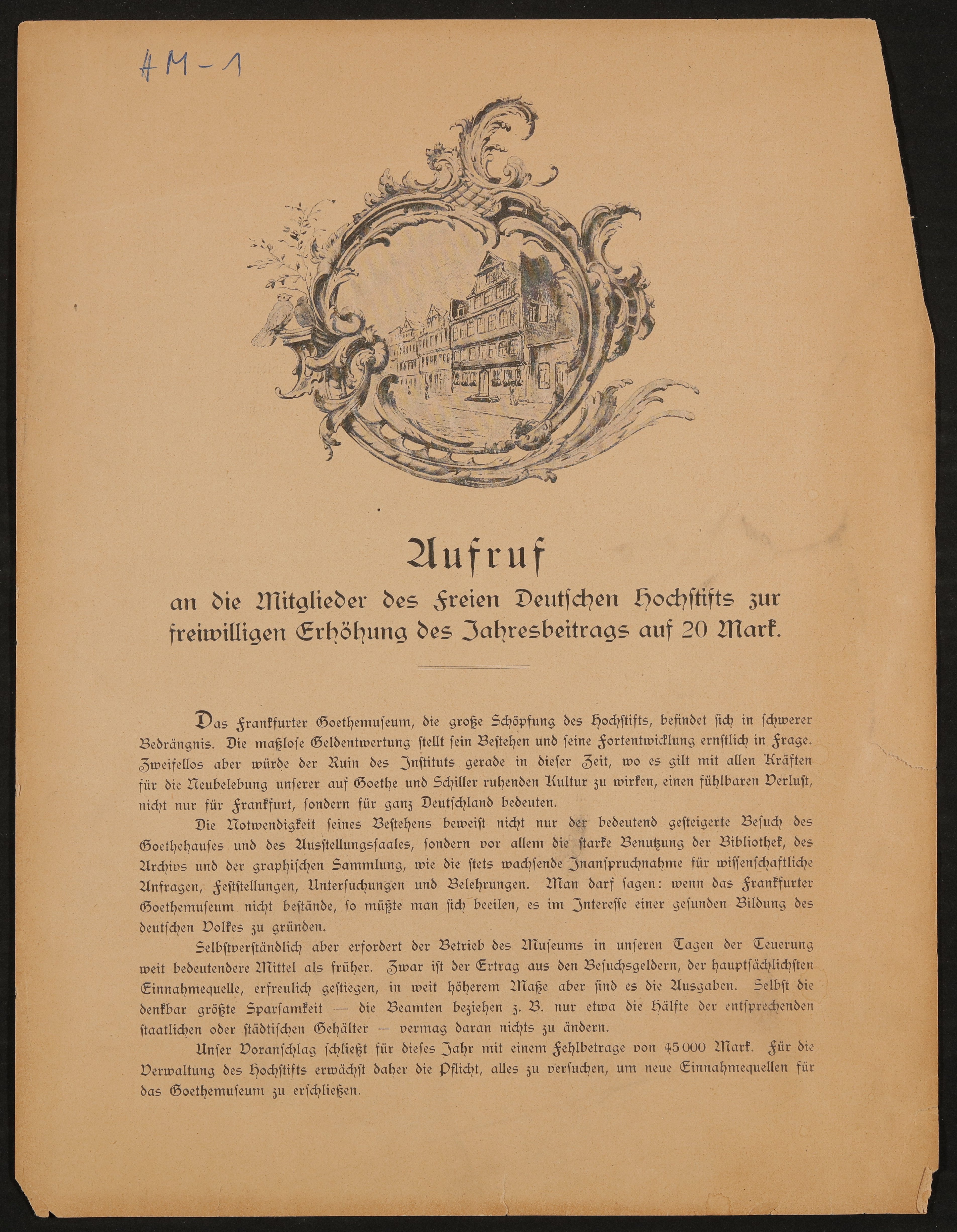 Aufruf an die Mitglieder des Freien Deutschen Hochstifts zur freiwilligen Erhöhung des Jahresbeitrags auf 20 Mark, um 1921 (Freies Deutsches Hochstift / Frankfurter Goethe-Museum Public Domain Mark)
