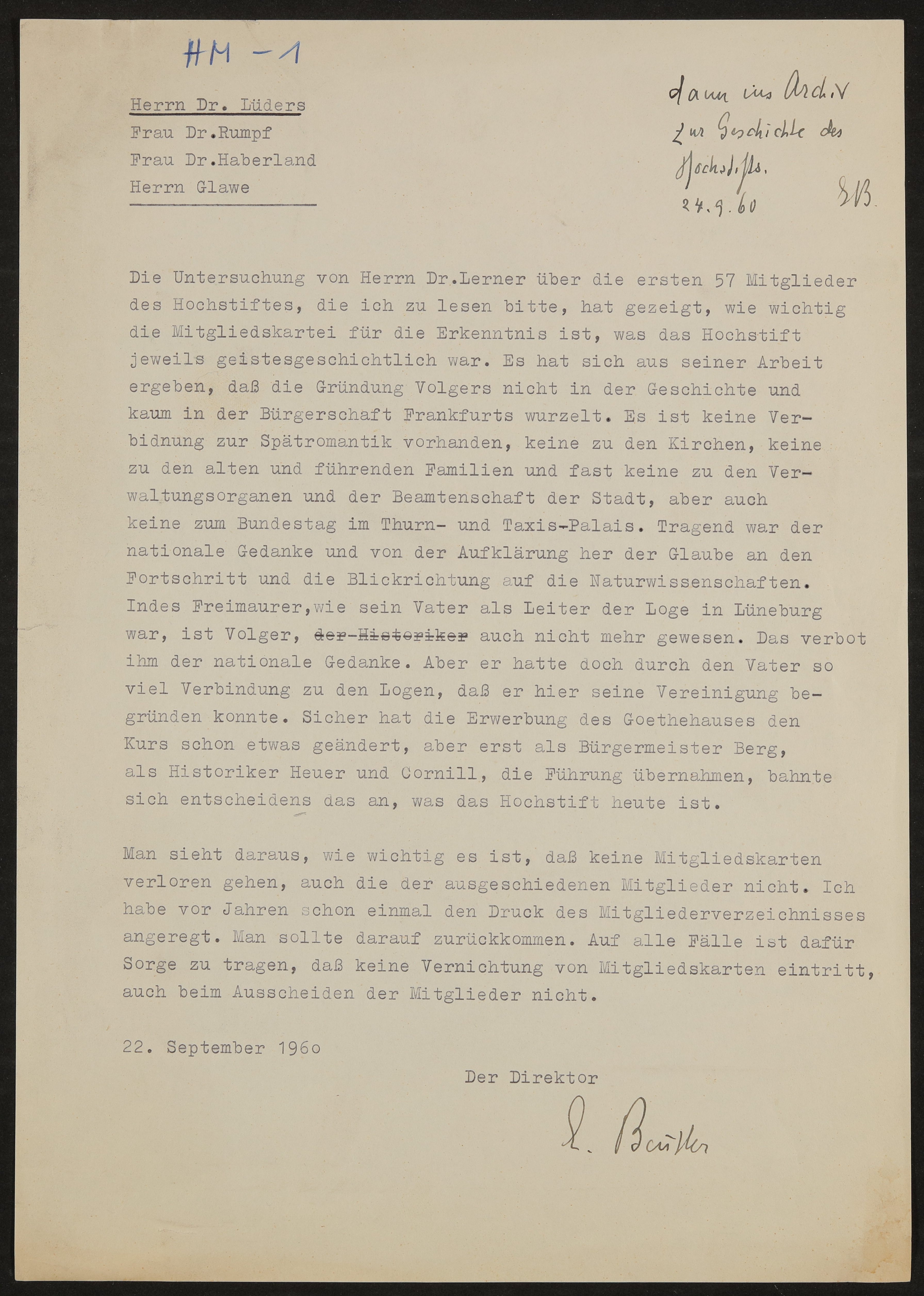 Brief von Ernst Beutler an Detlev Lüders (u.a.) vom 22.09.1960 (Freies Deutsches Hochstift / Frankfurter Goethe-Museum Public Domain Mark)