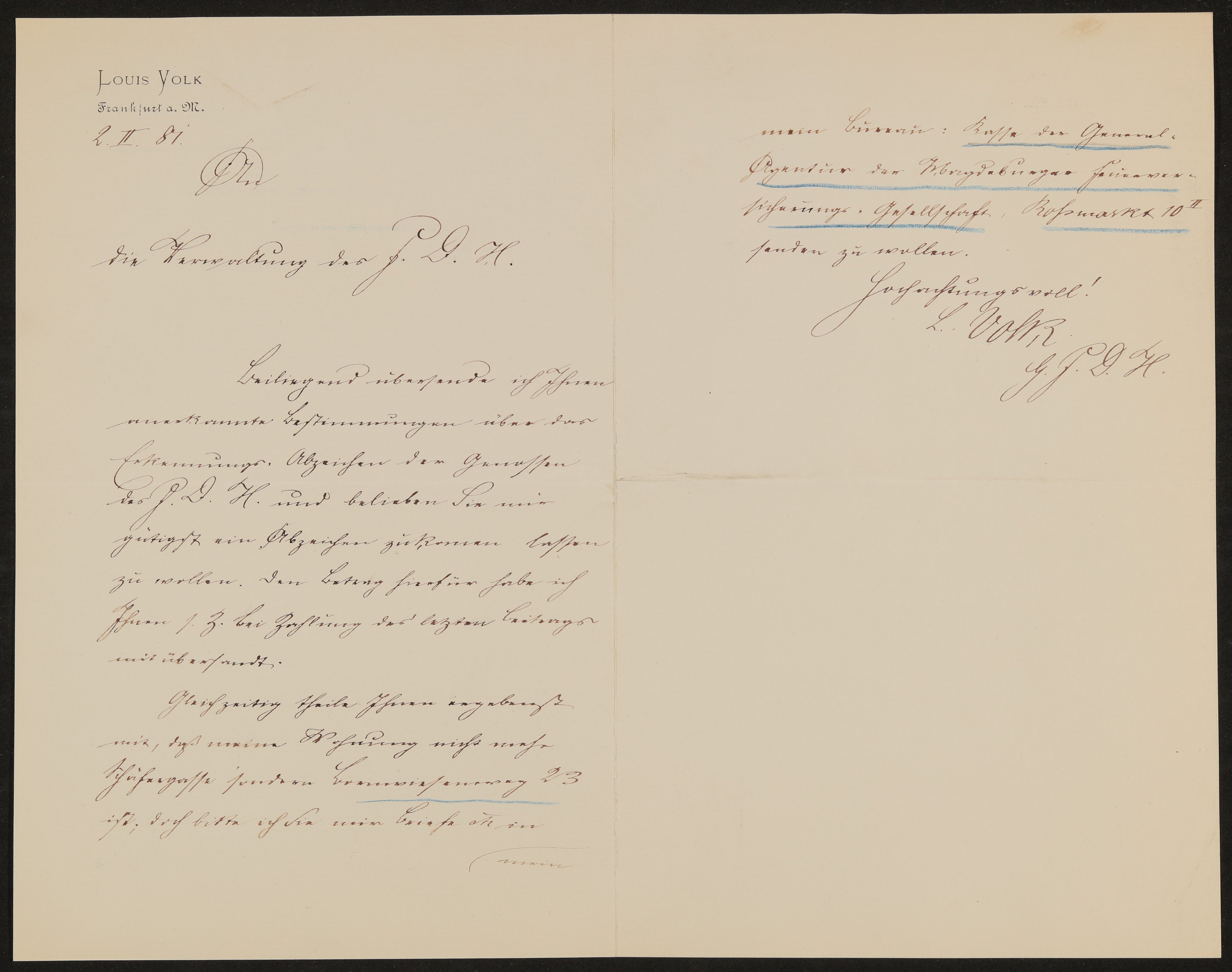 Brief von Louis Volk an das Freie Deutsche Hochstift vom 02.02.1881 (Freies Deutsches Hochstift / Frankfurter Goethe-Museum Public Domain Mark)