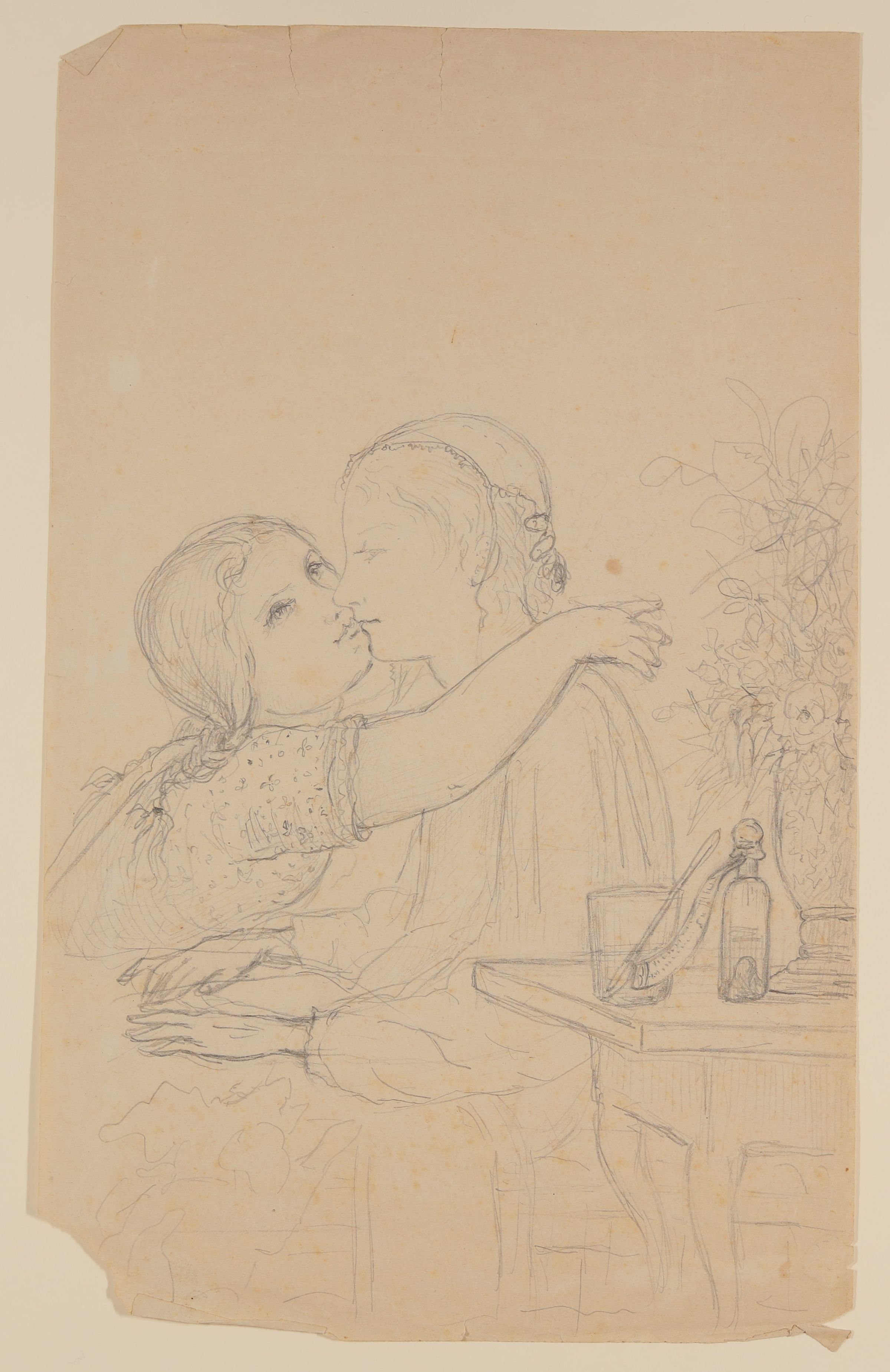 Mädchen, eine sitzende Frau umarmend [aus einer Mappe mit Skizzenblättern von Gisela von Arnim und Herman Grimm] (Freies Deutsches Hochstift CC BY-NC-SA)