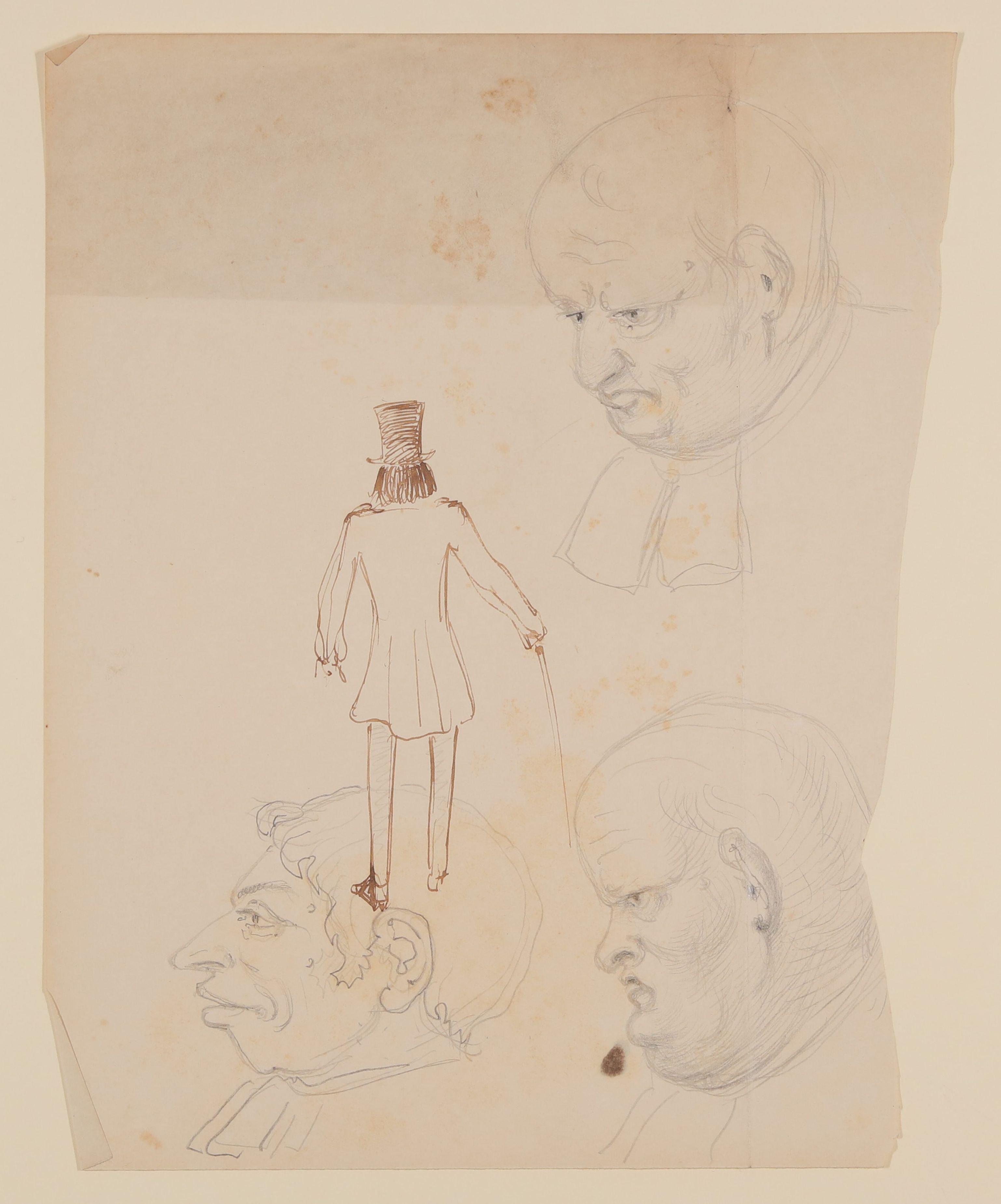Skizzenblatt: 3 Karikaturen von Geistlichen und ein Herr mit Gehrock und Zylinder von hinten [aus einer Mappe mit Skizzenblättern von Gisela von Arnim und (Freies Deutsches Hochstift CC BY-NC-SA)