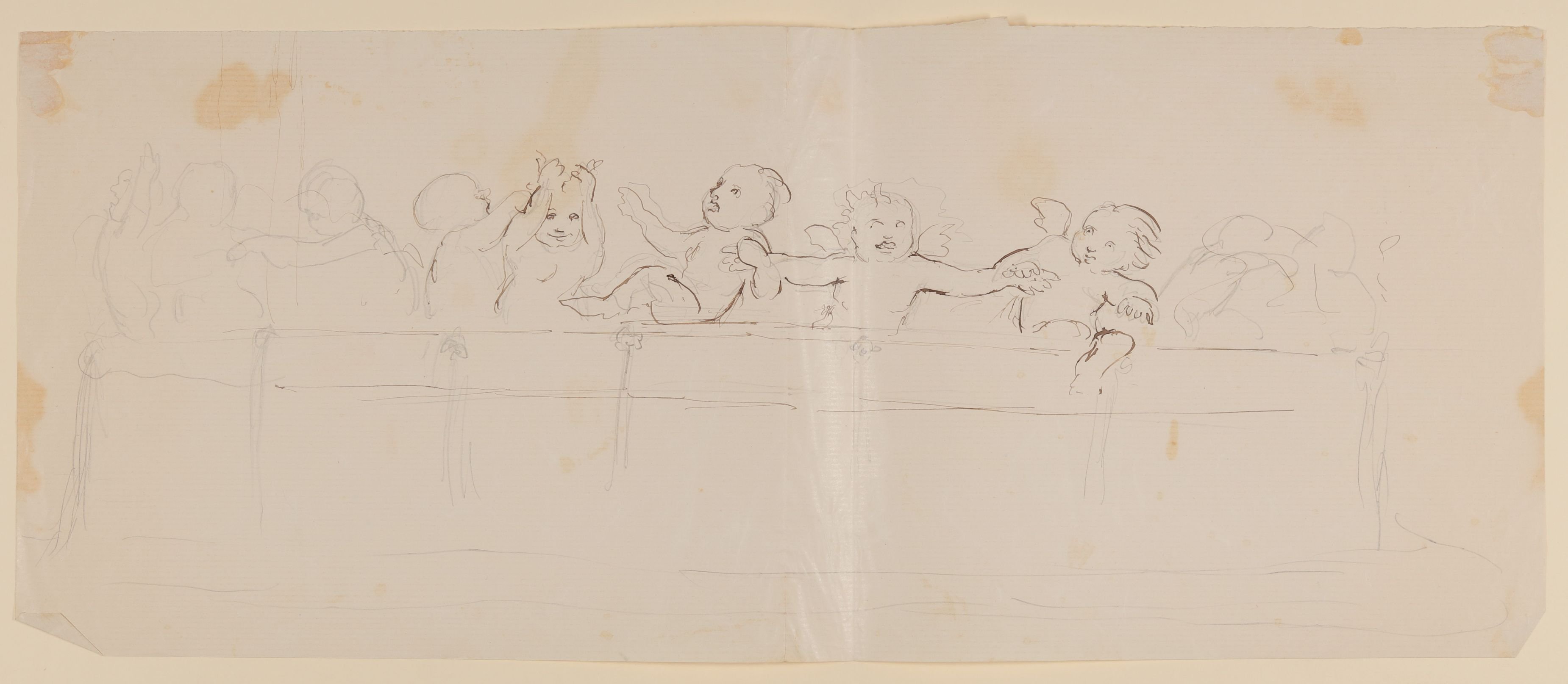 Acht spielende Engelchen über einer Balustrade [aus einer Mappe mit Skizzenblättern von Gisela von Arnim und Herman Grimm] (Freies Deutsches Hochstift CC BY-NC-SA)