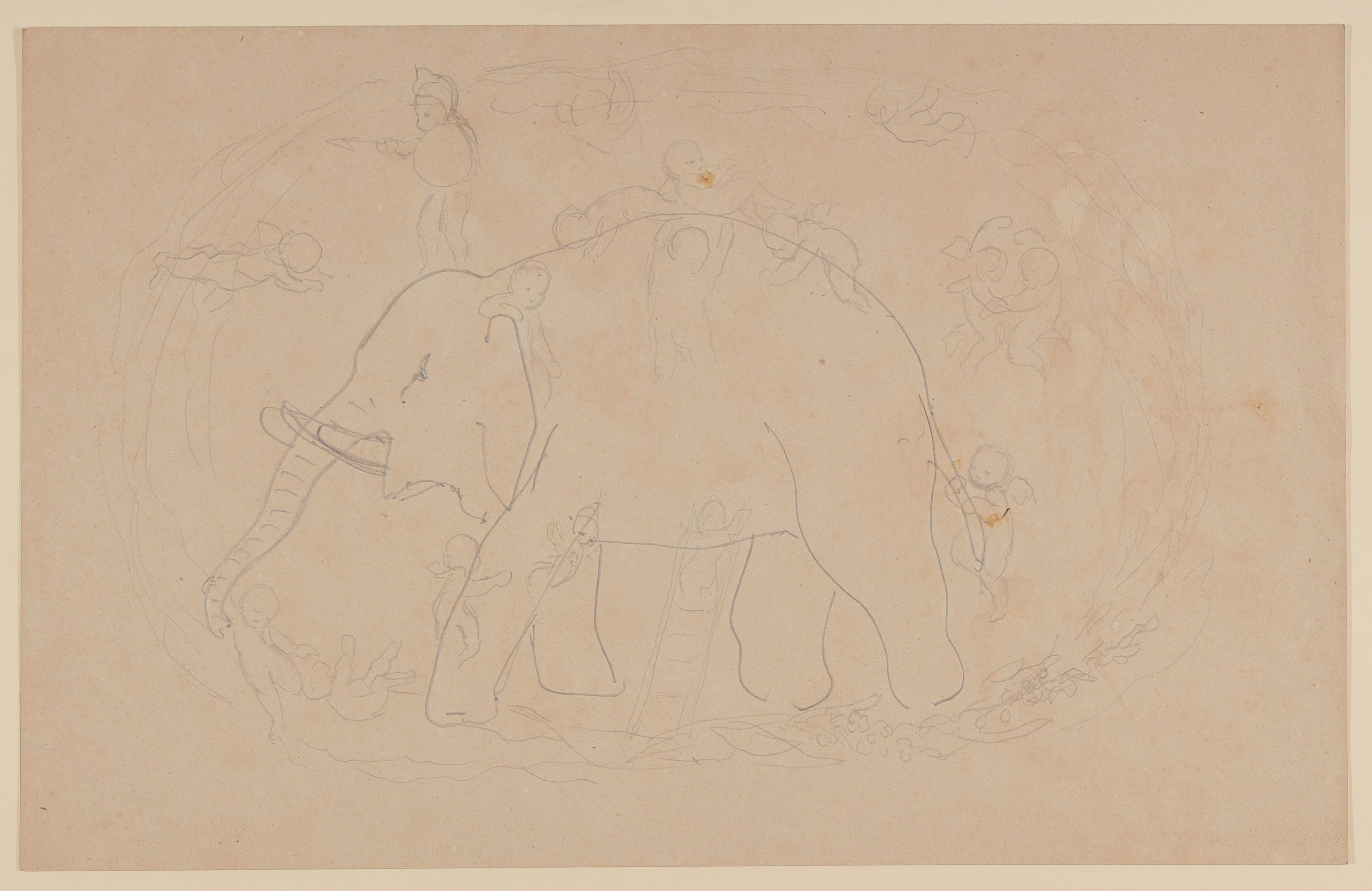 17 Engelchen an und um und auf einem Elefanten [aus einer Mappe mit Skizzenblättern von Gisela von Arnim und Herman Grimm] (Freies Deutsches Hochstift CC BY-NC-SA)