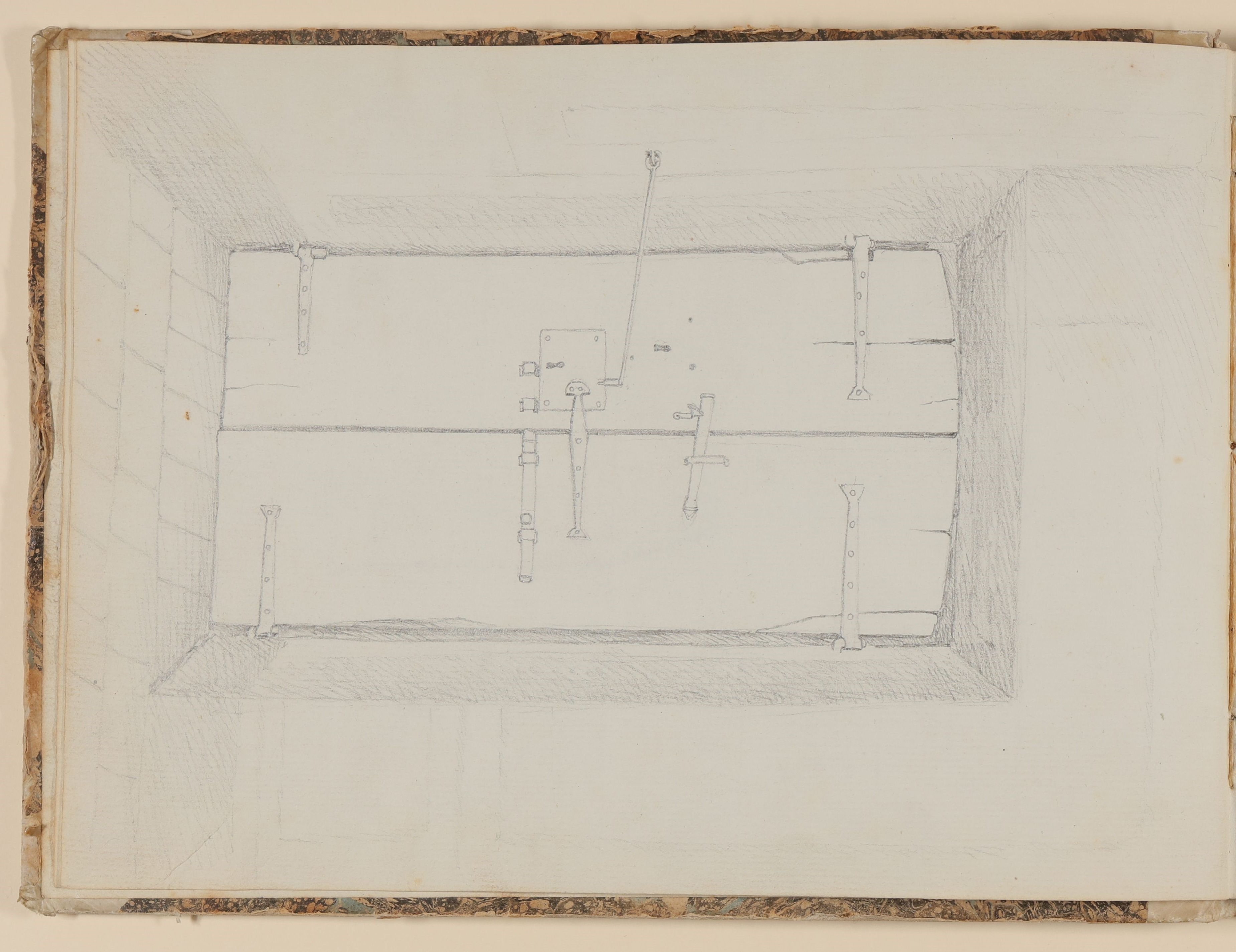 Zweiflügelige Holztür mit drei Riegeln [aus einem Skizzenbuch der Rosette Städel, Blatt 2v] (Freies Deutsches Hochstift CC BY-NC-SA)