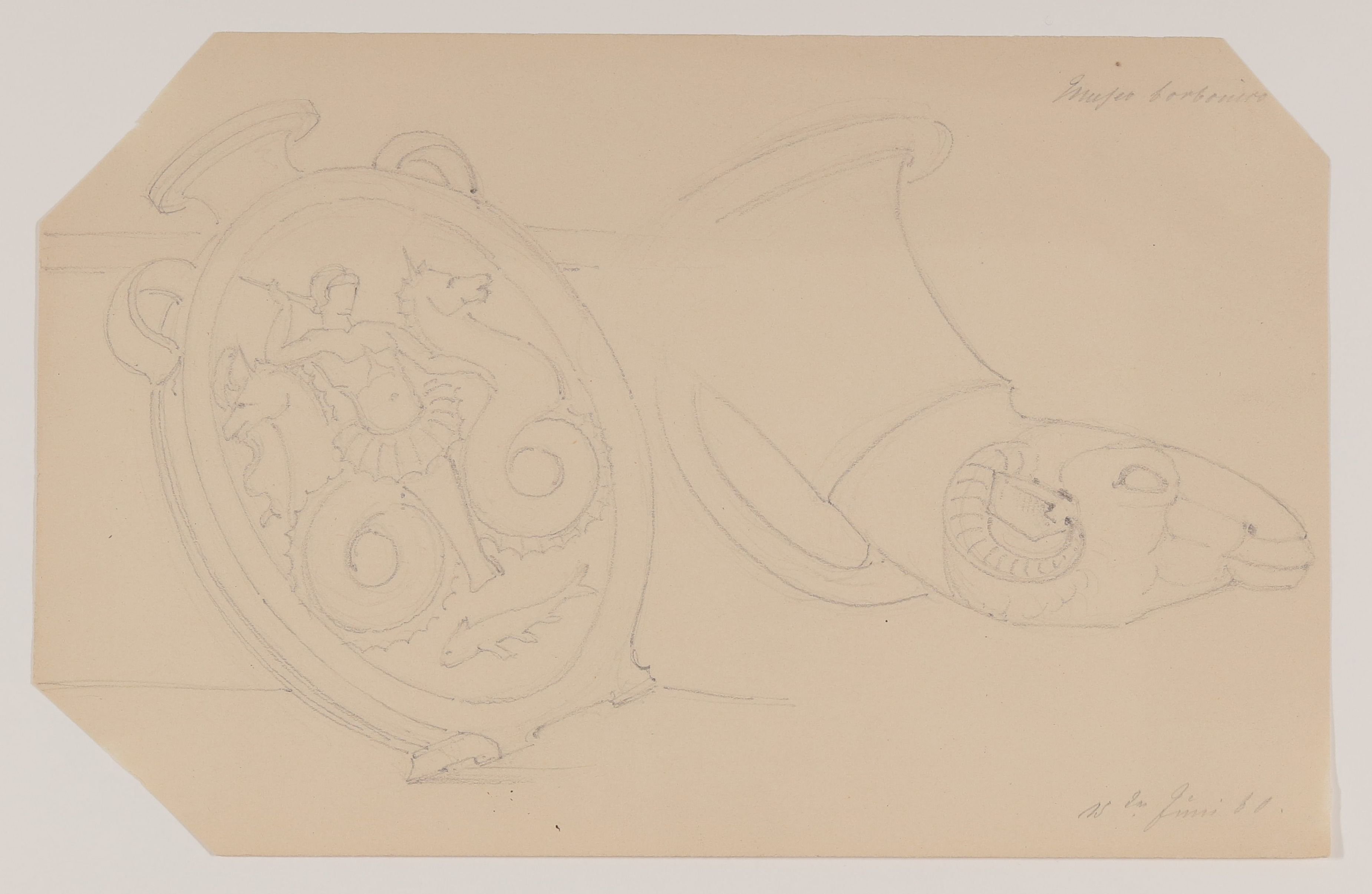 Ovales Gefäß und Rhyton aus dem ehem. Museo Borbonico in Neapel [aus einem Konvolut von 107 Blatt Architekturstudien und Skizzen einer Italienreise] (Freies Deutsches Hochstift CC BY-NC-SA)
